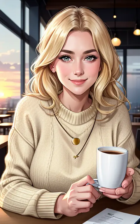 Beautiful blonde wearing beige sweater (Sipping coffee in a modern café at sunset), sehr detailliert, 21 Jahre alt, Unschuldiges...