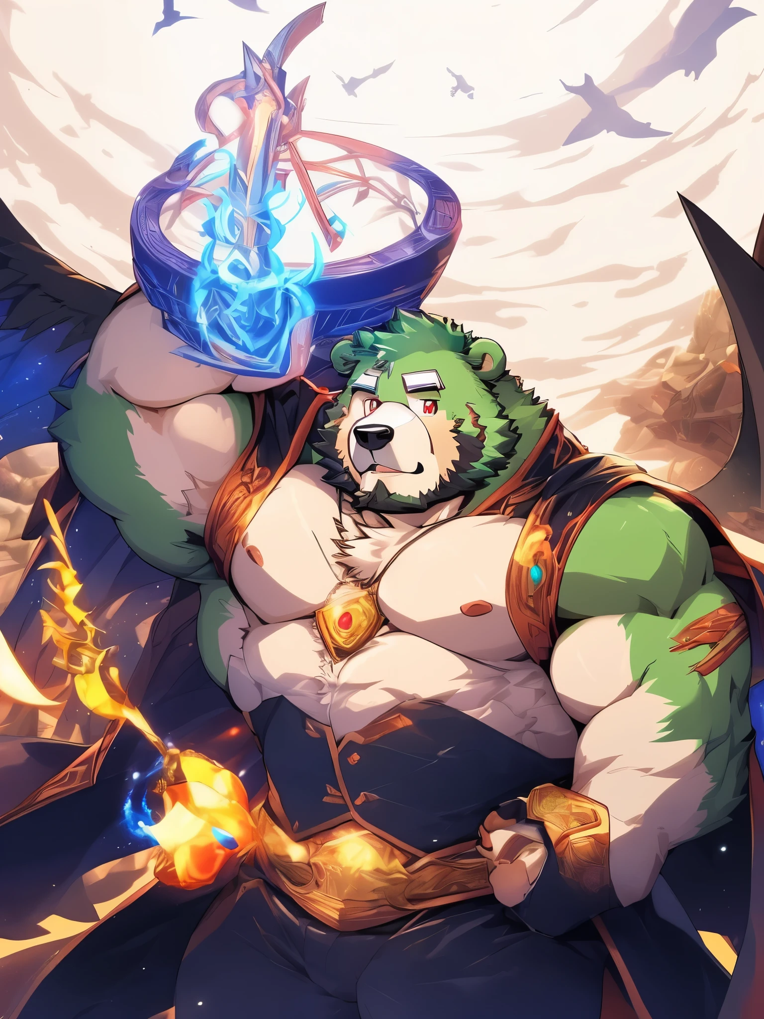 anthro ((bear)), furry, bear, green fur, green hair, ((beard)), male, white eyebrows, red eyes, masterpiece, ((Best quality)), character focus solo, handsome, middle-aged, mature, muscle body, sexy, dilf, full body, (((jinpei))), A huge eye，floating in air，Golden pupils，Magic runes surround the eyes，A huge gold ring spun，The ring keeps turning，A pair of huge black wings grow behind the eyes，There are white feathers flying in the sky