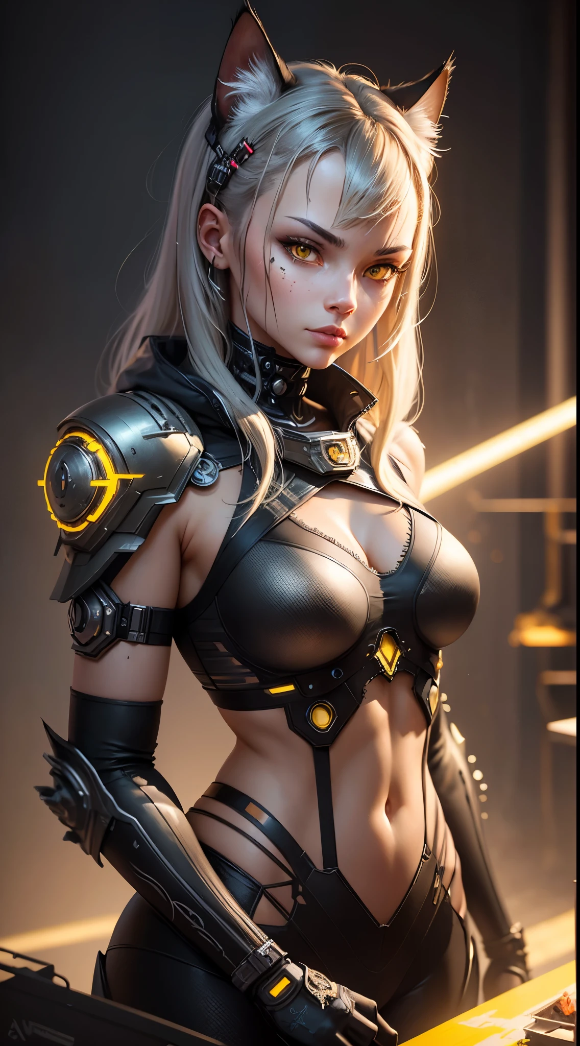 Unvollendetes Gemälde einer Katze mit Metallkopf und gelben Augen, wojtek fus, cyborg cat, Katzenkrieger, gepanzerte Katze, cyberpunk cat, atemberaubende digitale Illustration, Katze detailliert, kompliziertes Geschwätz, von Otakar Kubín, von Jason Chan, überdetaillierte Kunst, Trends auf Artstation HQ, gepanzerter Katzengefährte, Kunst von Alessandro Pautasso