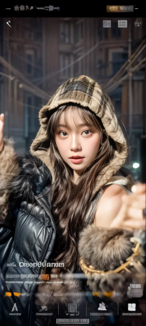 ​masterpiece、8K、32K、top-quality、(A detailed eye)、(A cute Japanese woman、bangss)、23years old、elegent、Christmas、Wearing a hood、Down jacket、Cheerful、