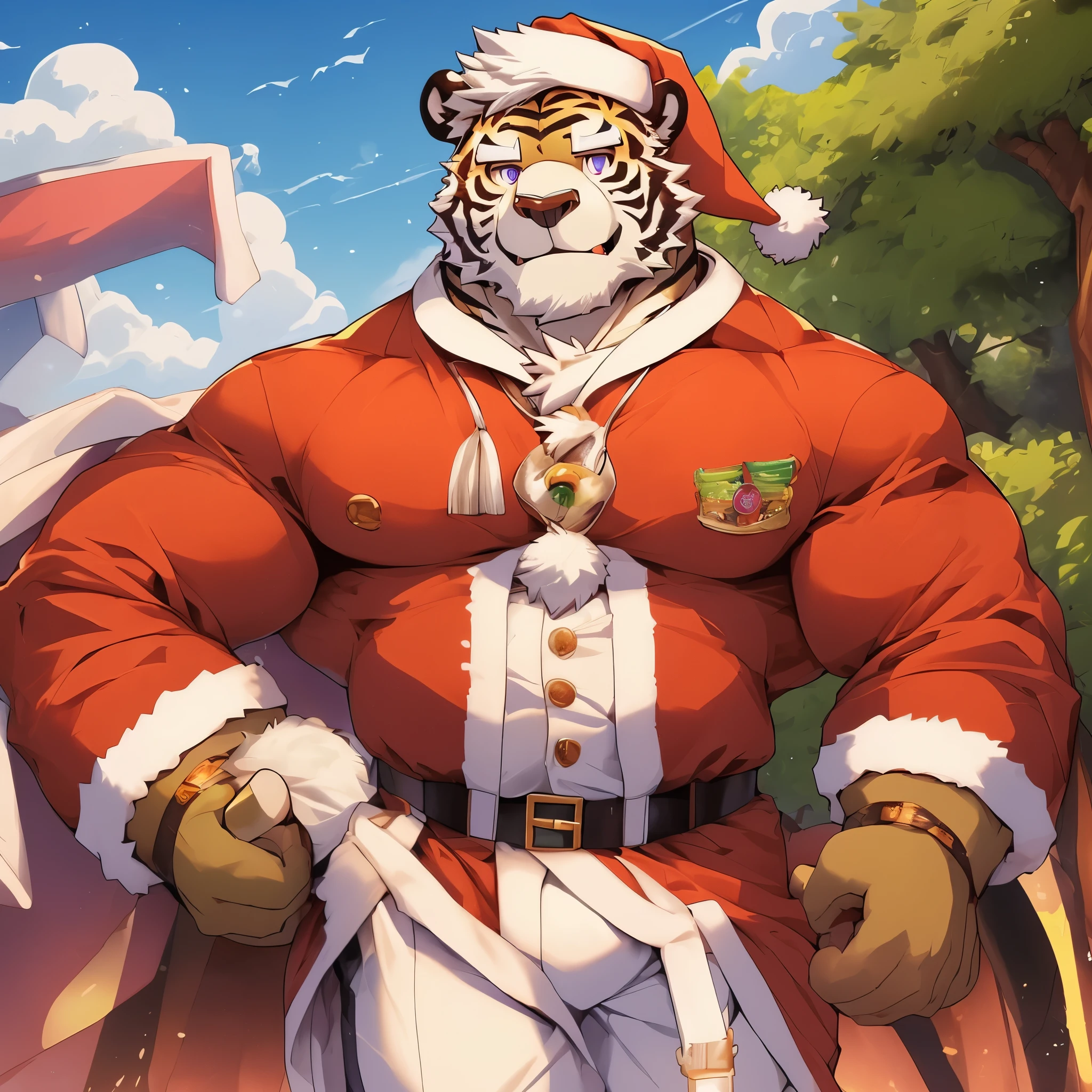 anthro ((tiger)), furry, tiger, golden fur, (white hair:1.5), beard, male, white eyebrows, violet eyes, masterpiece, (no stripes on face:1.5), ((Best quality)), character focus solo, handsome, middle-aged, mature, muscle body, sexy, dilf, full body, (((kosutora))), ((half naked body)), ((muscle)), ((chubby)), ((erection upward)), ((sperms on body)), ((( intercourse with furry green bear)), ((santa clause costume)), ((unbutton clothes))