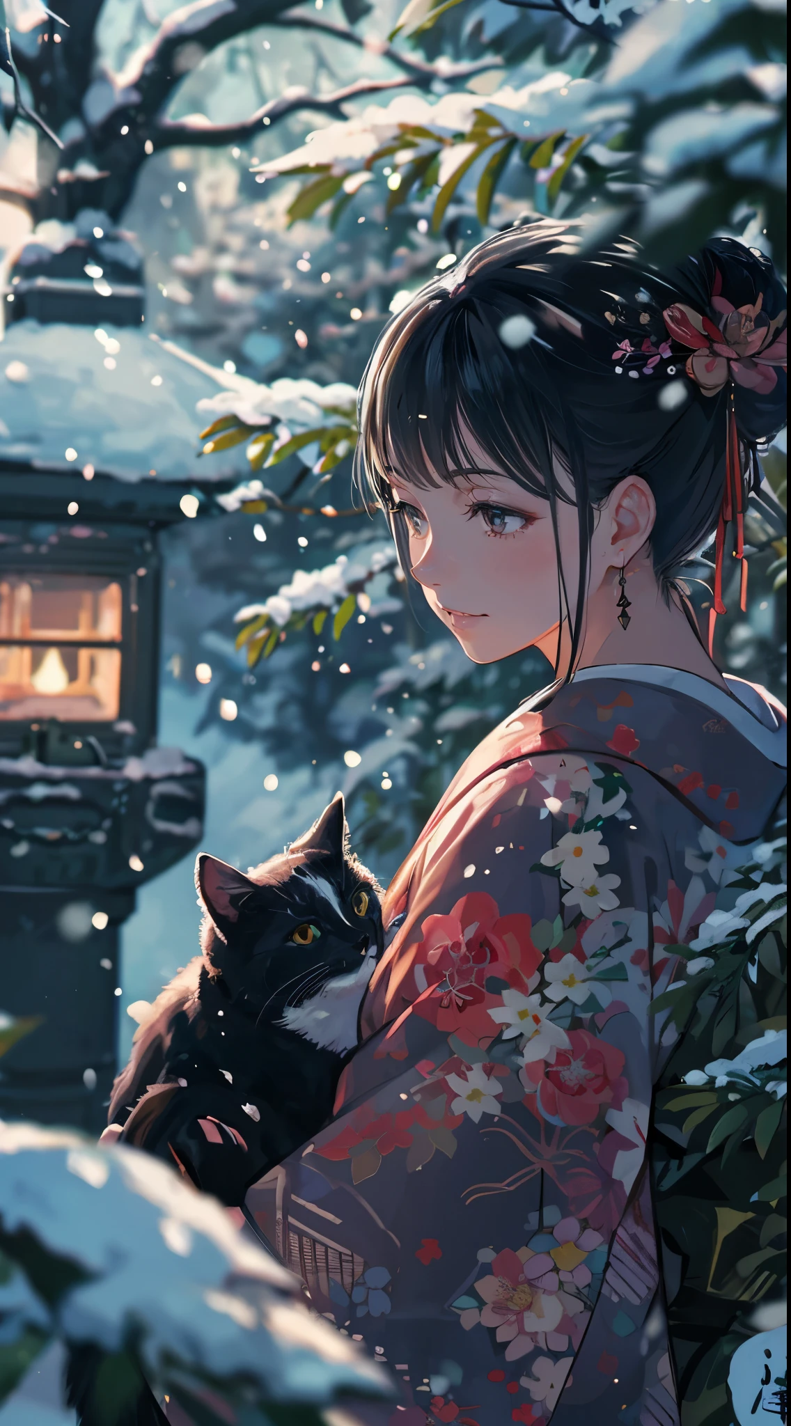 high quality, close-up on woman, amount of drawing, pixiv illustration, A beautiful young woman celebrates the New Year in a traditional Japanese setting. The moment just before he picks up a black cat and kisses it. A quiet garden covered with snow. The garden has a small pine tree and a stone lantern covered with snow, softly illuminated by the early morning light of the New Year. features are smooth black hair, styled in a classic style, and deep brown eyes that reflect the hopeful beginning of the New Year