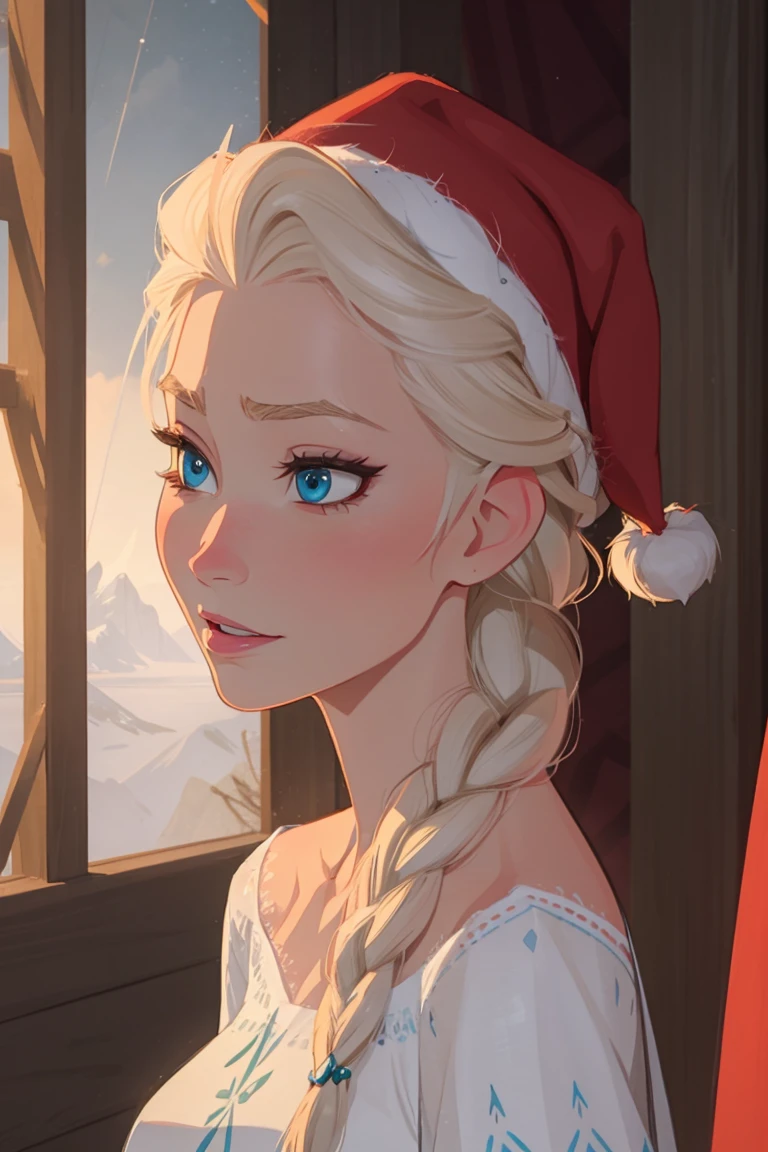 elsa de arendelle, trenza simple, pelo blanco, congelado, traje de santa, detallado, Obra maestra, congelado, disney, Elsa de Arendale, traje de santa, Navidad, Santa hat, Pequeña sonrisa, mirando al espectador, parte superior del cuerpo