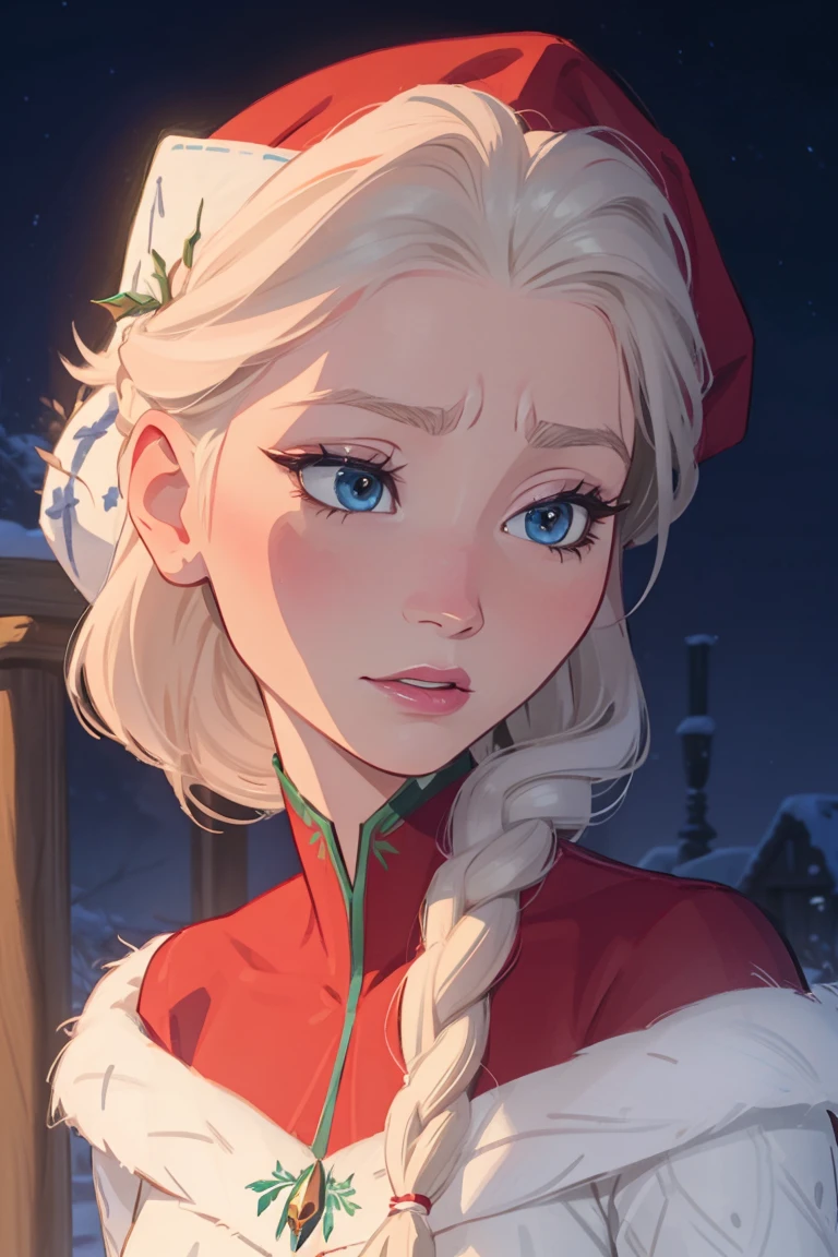 elsa de arendelle, trenza simple, pelo blanco, congelado, traje de santa, detallado, obra maestra, congelado, Disney, Elsa de Arendale, traje de santa, Navidad, santa hat, Pequeña sonrisa, Parte superior del cuerpo, mirando al espectador, de cerca, mirando hacia adelante, frente al espectador