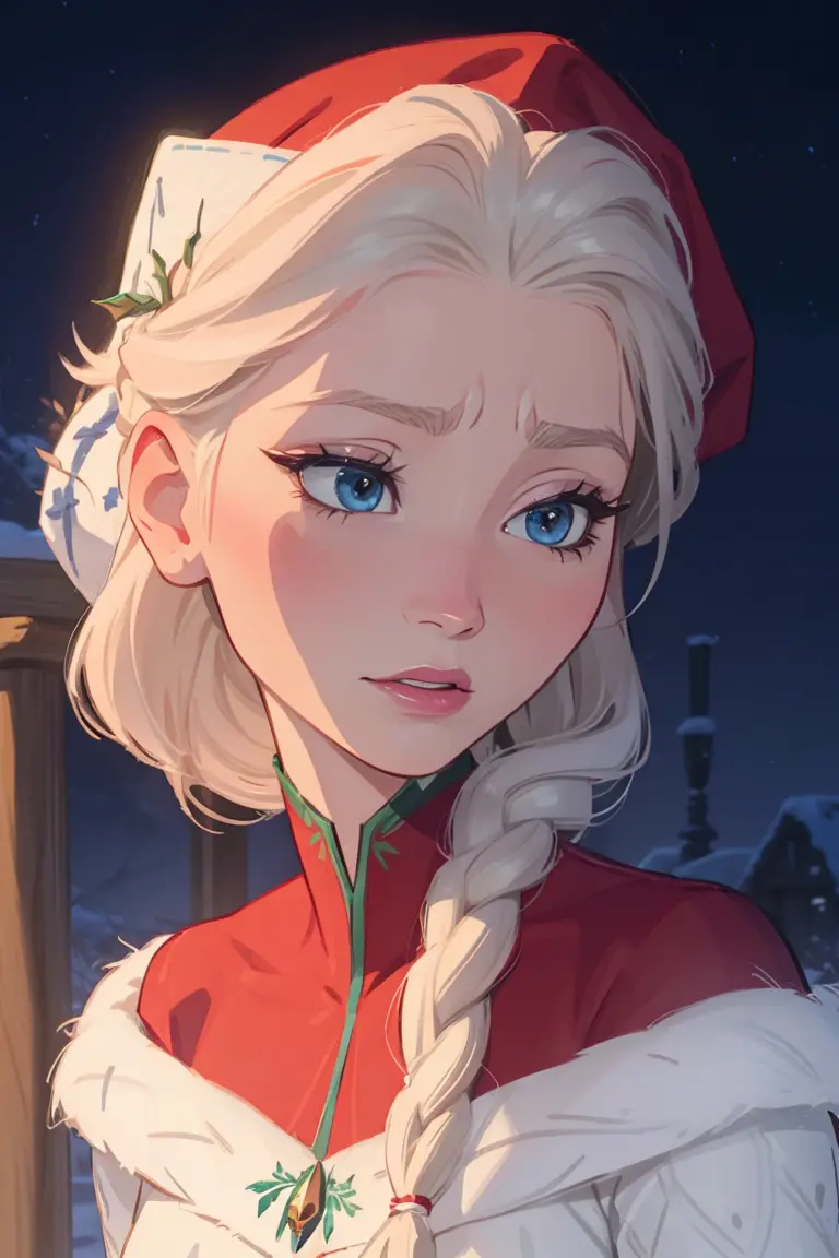 Elsa of arendelle, single braid, white hair, FROZEN, santa outfit, detailed, masterpiece, frozen, disney, elsa of arendale, sant...