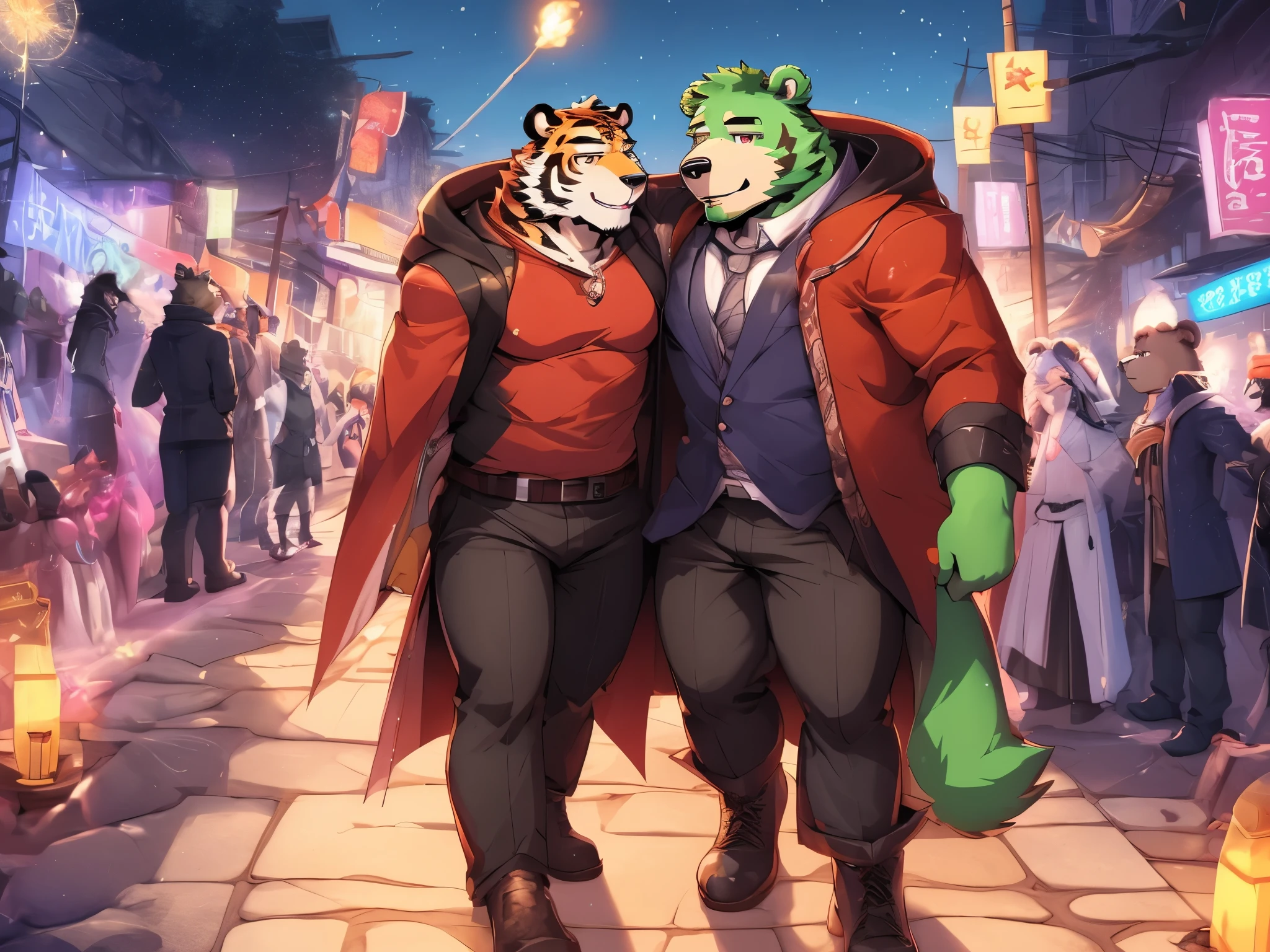 2boy, anthro ((tiger)) with anthro ((bear)), ((kosutora)) going out with ((jinpei)), casual clothes, kissing under fireworks, crowded street, winter, happy new year scenery,