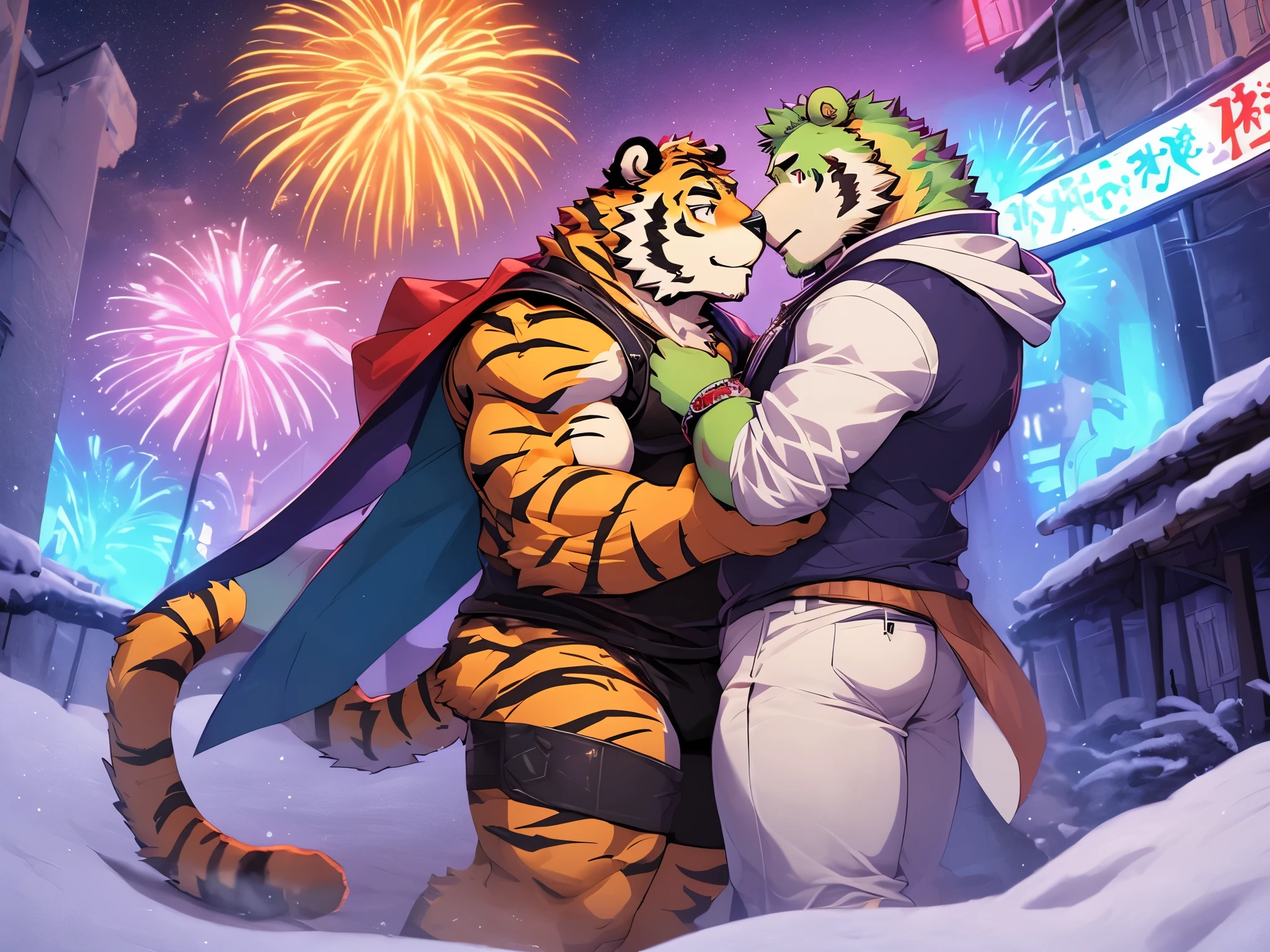 2boy, anthro ((tiger)) with anthro ((bear)), ((kosutora)) going out with ((jinpei)), casual clothes, kissing under fireworks, crowded street, winter, happy new year scenery,