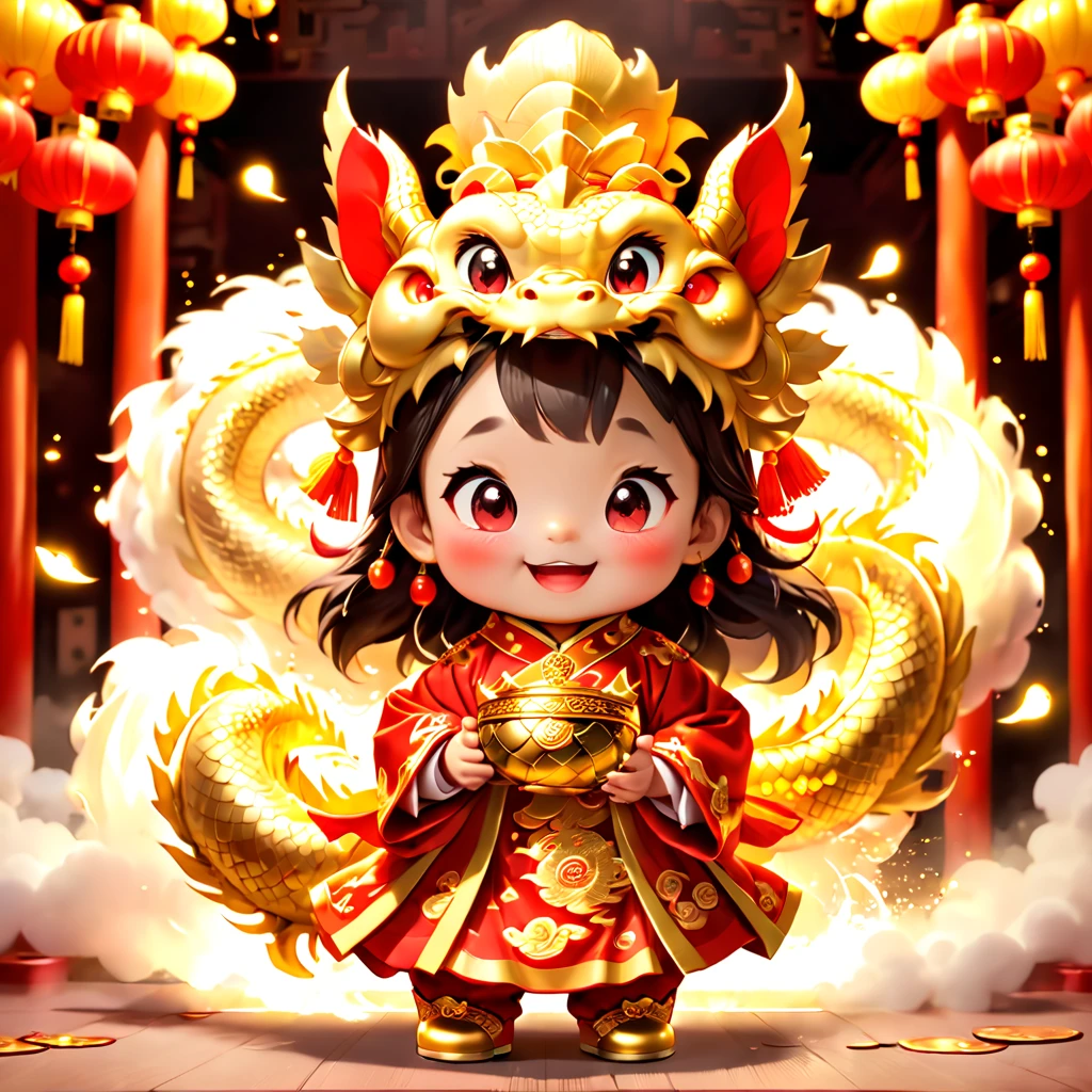 (closeup of face: 1.8), Game character design，3D character rendering，(((Vector illustration style)))，((1 girl，The image of the laughing God of Wealth baby can be designed as a child wearing a gorgeous Chinese red costume，Gold cloud and dragon patterns can be embroidered on clothes，Shows the meaning of wealth and prosperity))，((lack of expressivenesaby God of Wealth has a kind and confident expression，The eyes are full of wisdom，laughing heartily，It gives a sense of reassurance))，((Let's go：The baby of the God of Wealth holds an ingot of gold ingot in his hand，Symbolizes good luck)，((The God of Wealth’s hair can be designed into a red official hat，A ruby can be set in the hat，Demonstrate authority and dignity)), (((The stands up，Chinese Xiangyun cloth shoes: 1.8, with light glowing line or orange LED light effect))),, ((Chinese element background，Auspicious cloud background)), (Perspectives, first person perspective, Ghibli-style colors, with light glowing, Movie Lighting, hyper HD, tmasterpiece, Acura, Anatomically correct, ctextured skin, super detailing, high detal, high high quality, Award-Awarded, Best quality, 16K), Pop Mart blind box, 3 Rendering，