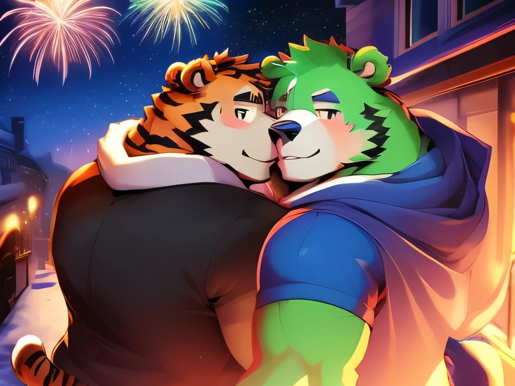 2boy, anthro ((tiger)) with anthro ((bear)), ((kosutora)) going out with ((jinpei)), casual winter clothes, sharing scarf, kissing under fireworks, crowded street, winter, happy new year scenery, bird eye view,