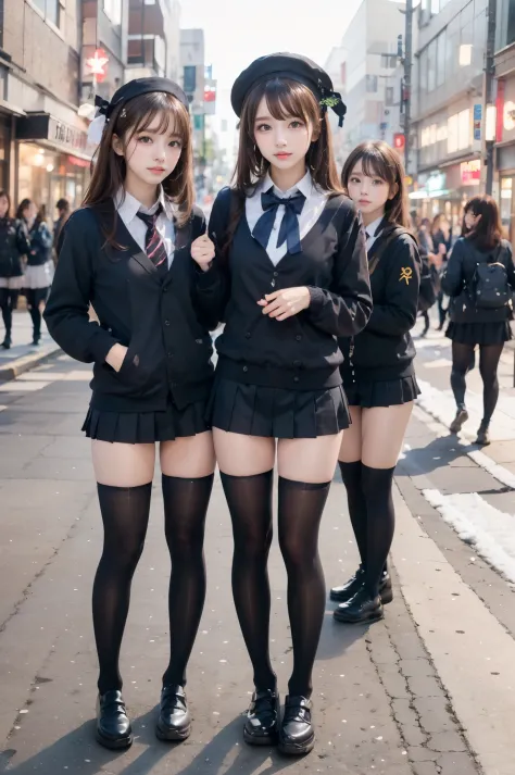 high-angle shot、street snap、A baby face wearing a short skirt and bow tie standing on a neon street in the middle of the night(T...