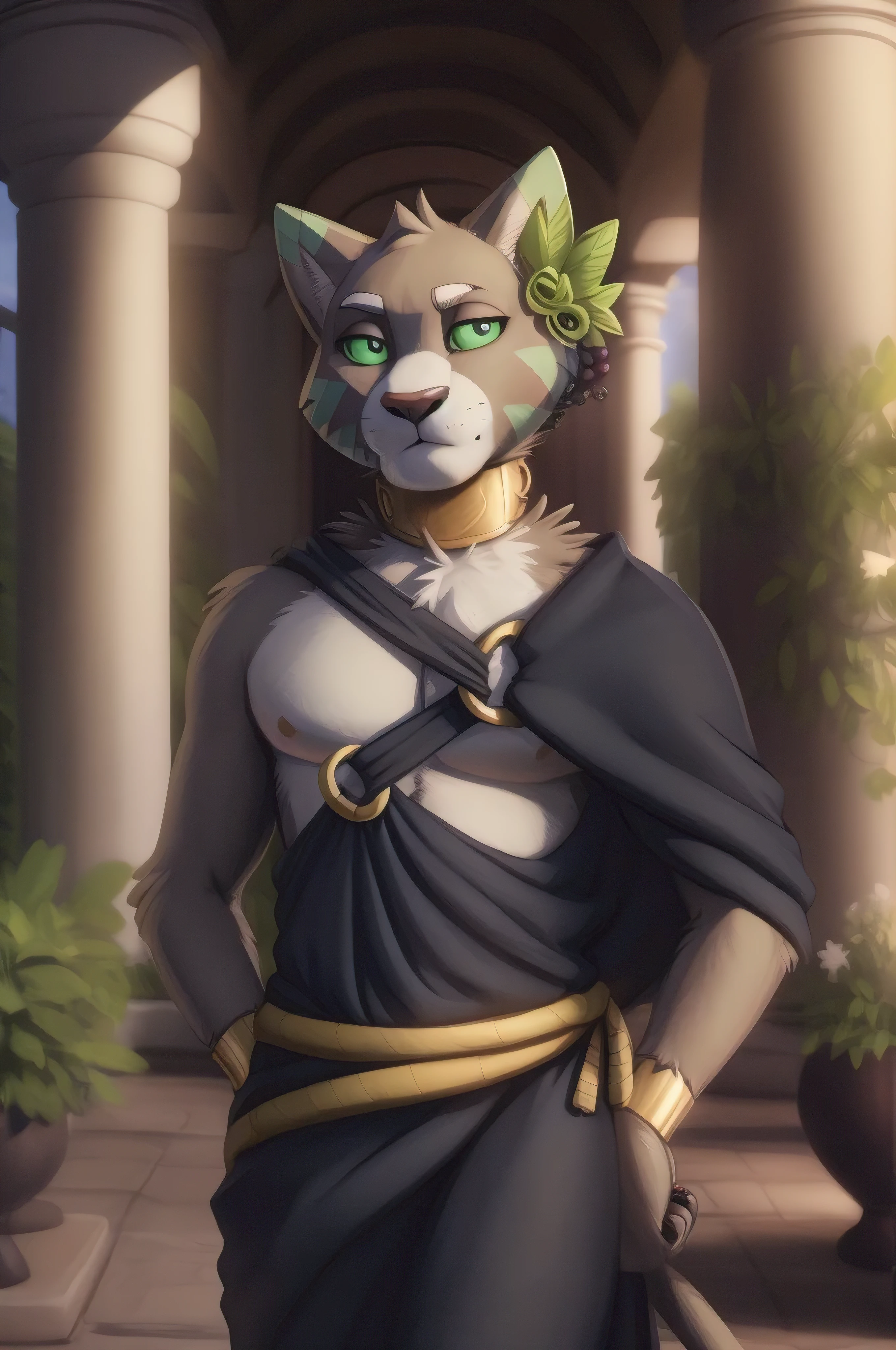 Alexios, green sclera, cat tail, mascle,  (Pose:1.3), (posando:1.3), (smooth shading), 4K, hi res, five toes, detailed hands, ((detailed face, (circumstantial eyes:1.0), circunstanciado)), por zackarry911, by zaush, (by personalami:0.5), Looking at Viewer, 1st grade, へそ, upperbody, flowers, mascle focus, greek clothing,