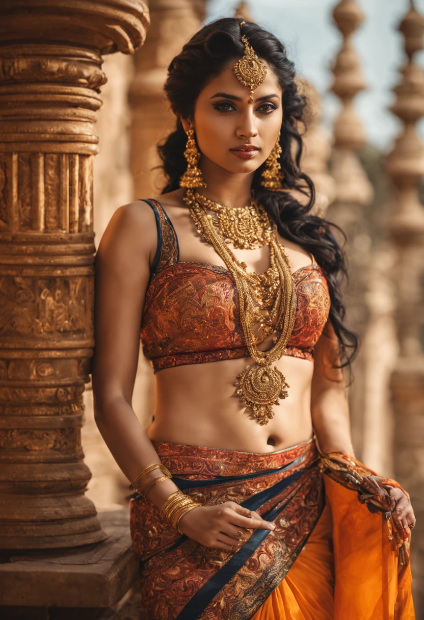 Realistic,a woman in a sari posing for a picture, indian goddess, traditional beauty, indian, beautiful goddess, ornate , indian style, indian super model, beautiful maiden, gorgeous woman, south east asian with long, provocative indian, gorgeous beautiful woman, intricate outfit, hindu aesthetic, beautiful asian girl, extremely detailed goddess shot, jaw-dropping beauty, big boobs deep cleavage sexy navel