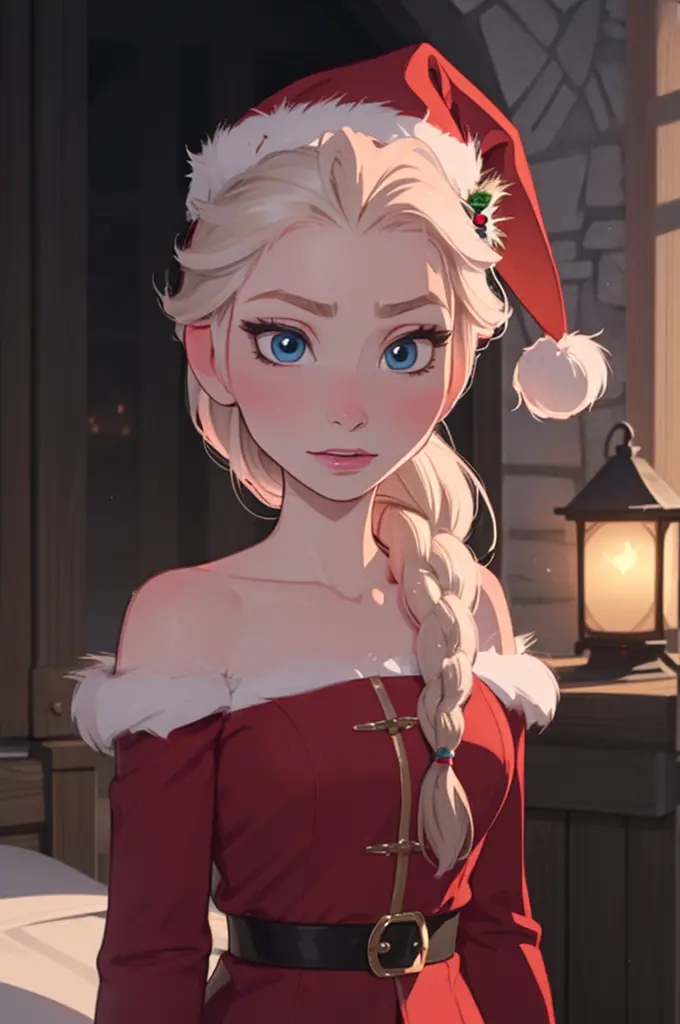 Elsa of arendelle, single braid, white hair, FROZEN, santa outfit, detailed, masterpiece, frozen, disney, elsa of arendale, sant...