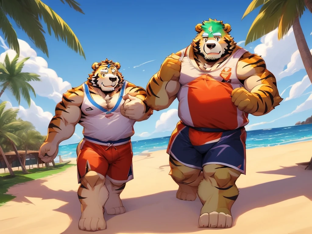 2boy, anthro ((tiger)) with anthro ((bear)), ((kosutora)) going out with ((jinpei)), with their furry friends, beach costume, playing basketball near beach coast, beach scenery, clear blue sky, white clouds, cool sunlight,