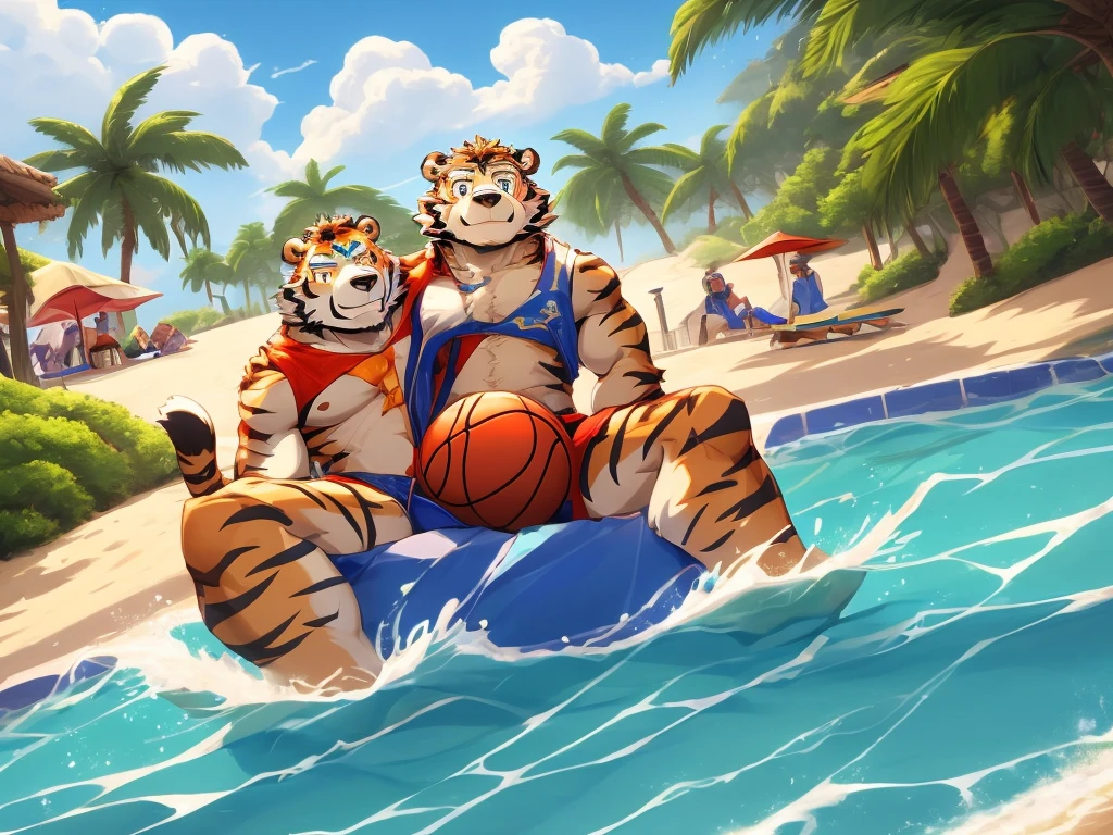 2boy, anthro ((tiger)) with anthro ((bear)), ((kosutora)) going out with ((jinpei)), with their furry friends, beach costume, playing basketball near beach coast, beach scenery, clear blue sky, white clouds, cool sunlight,