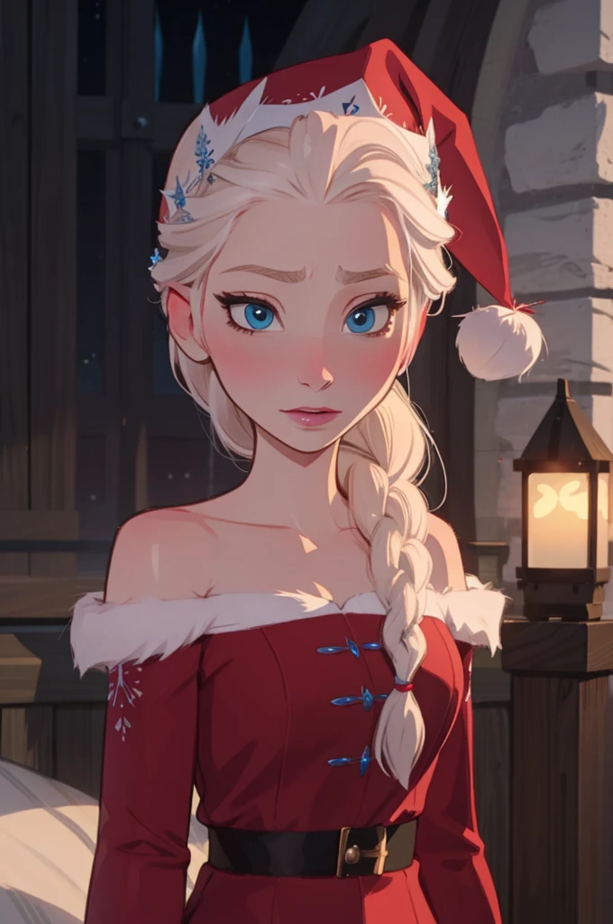 elsa de arendelle, trenza simple, pelo blanco, congelado, traje de santa, detallado, obra maestra, congelado, Disney, Elsa de Arendale, traje de santa, Navidad, santa hat, leve sonrisa, leve sonrisa