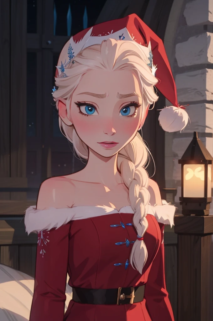 elsa de arendelle, trenza simple, pelo blanco, congelado, traje de santa, detallado, Obra maestra, congelado, disney, Elsa de Arendale, traje de santa, Navidad, Santa hat, leve sonrisa, leve sonrisa