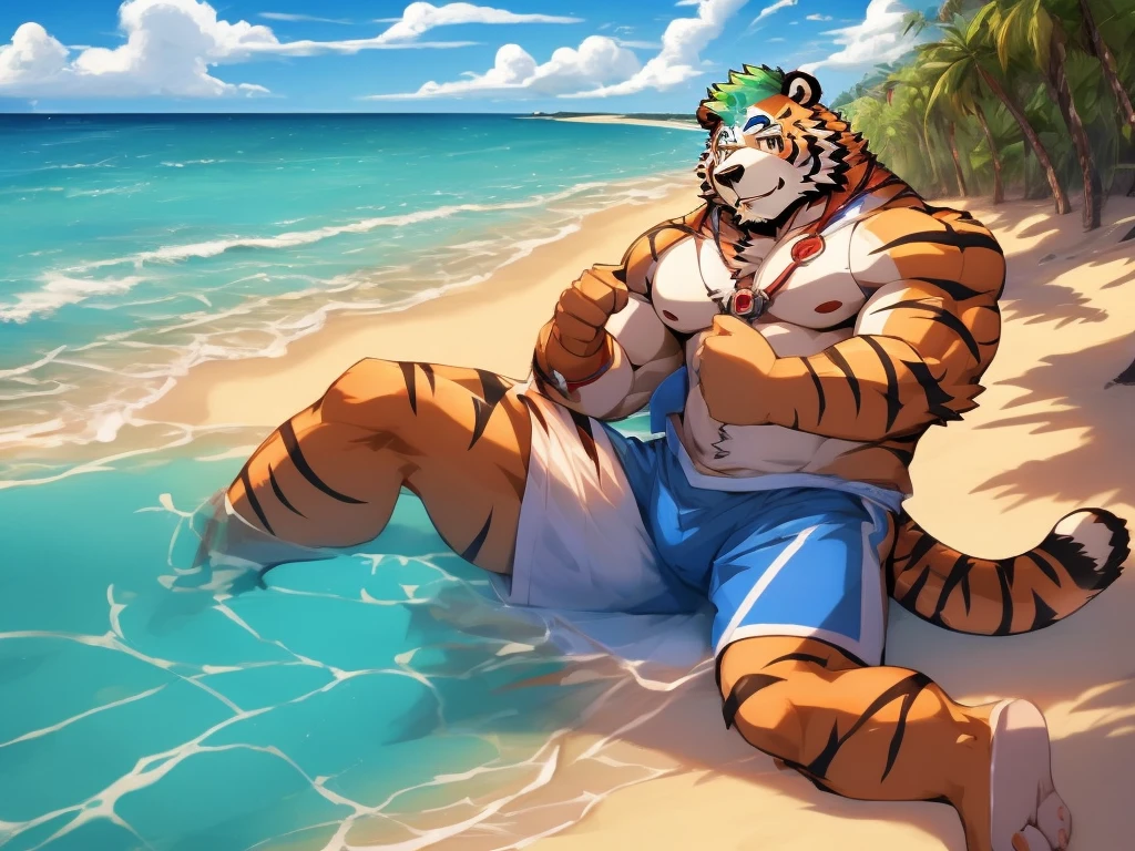 2boy, anthro ((tiger)) with anthro ((bear)), ((kosutora)) going out with ((jinpei)), with their furry friends, beach costume, playing basketball near beach coast, beach scenery, clear blue sky, white clouds, cool sunlight,