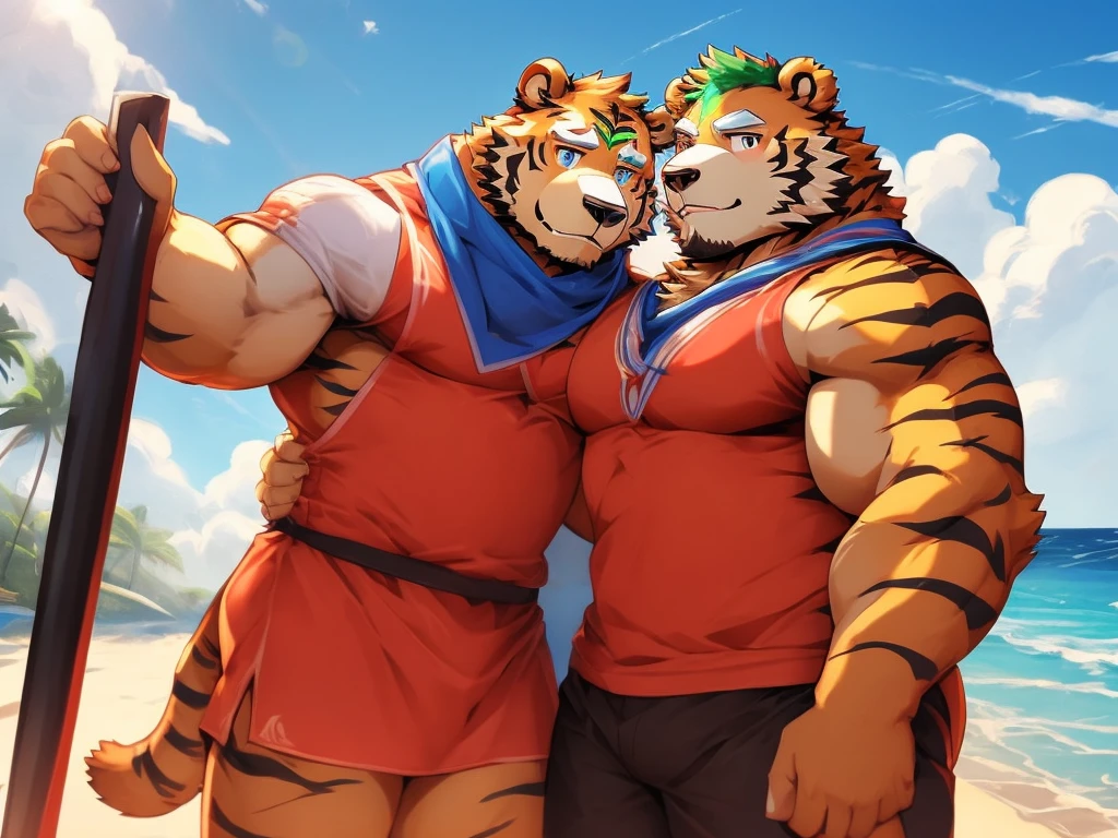 2boy, anthro ((tiger)) with anthro ((bear)), ((kosutora)) going out with ((jinpei)), with their furry friends, beach costume, playing basketball near beach coast, beach scenery, clear blue sky, white clouds, cool sunlight,