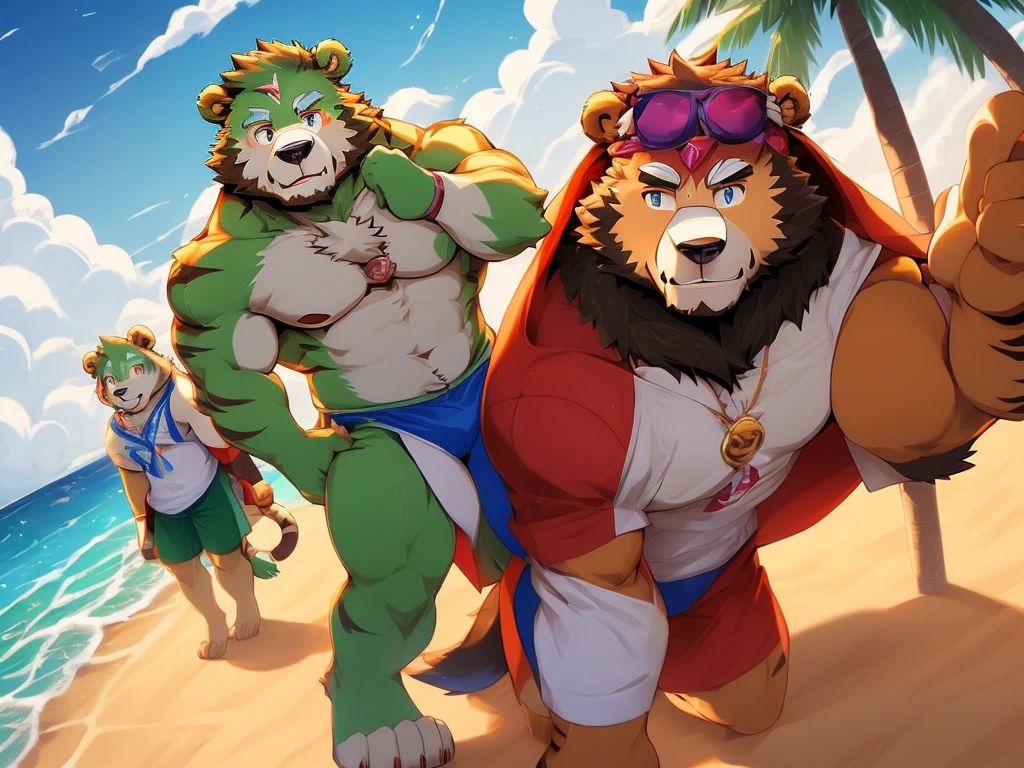 2boy, anthro ((tiger)) with anthro ((bear)), ((kosutora)) going out with ((jinpei)), with their furry friends, beach costume, playing basketball near beach coast, beach scenery, clear blue sky, white clouds, cool sunlight,