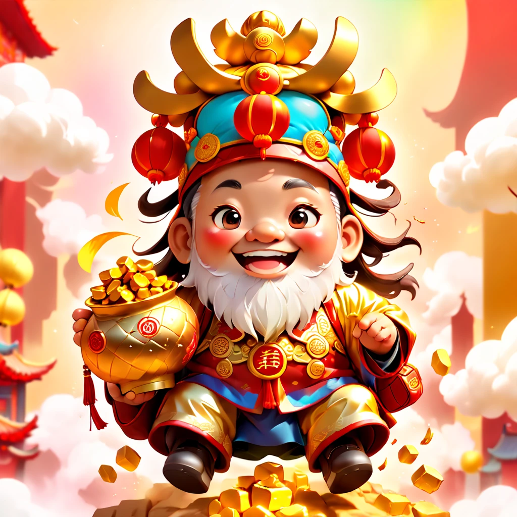 (closeup of face: 1.8)，3D character rendering，(Vector illustration style)，(China - Chic Chinese Mythical God of Wealth, Anatomically correct, Oriental elements), (Laughing cute God of Wealth，riding an electric bike，The backpack is full of gold ingots，Treasures follow), (Chinese color, senior color matching, gradient backgrounds, white backgrounid: 1.5), (The is very detailed, Well designed, Clear lines, k hd, Best quality at best, tmasterpiece, offcial art, movie light effect, 8K)，((Chinese element background，Auspicious cloud background)), (Perspectives, first person perspective, Ghibli-style colors, with light glowing, 电影灯光, 超k hd, tmasterpiece, acurate, Anatomically correct, ctextured skin, super detailing, high detal, high qulity, Award-Awarded), Pop Mart blind box, 3 Rendering