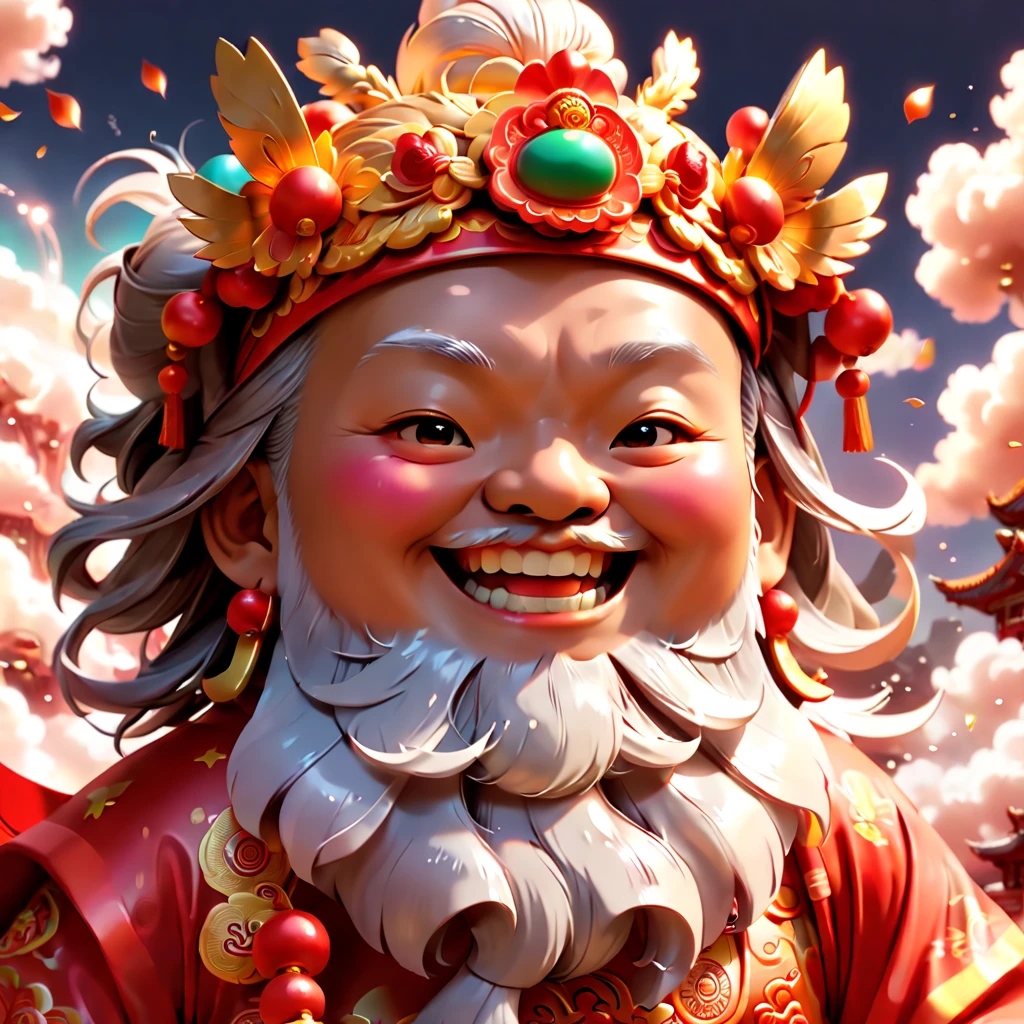 (closeup of face: 1.8)，3D character rendering，(Vector illustration style)，(China - Chic Chinese Mythical God of Wealth, Anatomically correct, Oriental elements), ((Laughing cute God of Wealth)), (Chinese color, senior color matching, gradient backgrounds, white backgrounid), (The is very detailed, Well designed, Clear lines, k hd, Best quality at best, tmasterpiece, offcial art, movie light effect, 8K)，((Chinese element background，Auspicious cloud background)), (Perspectives, first person perspective, Ghibli-style colors, with light glowing, 电影灯光, 超k hd, tmasterpiece, acurate, Anatomically correct, ctextured skin, super detailing, high detal, high qulity, Award-Awarded), Pop Mart blind box, 3 Rendering