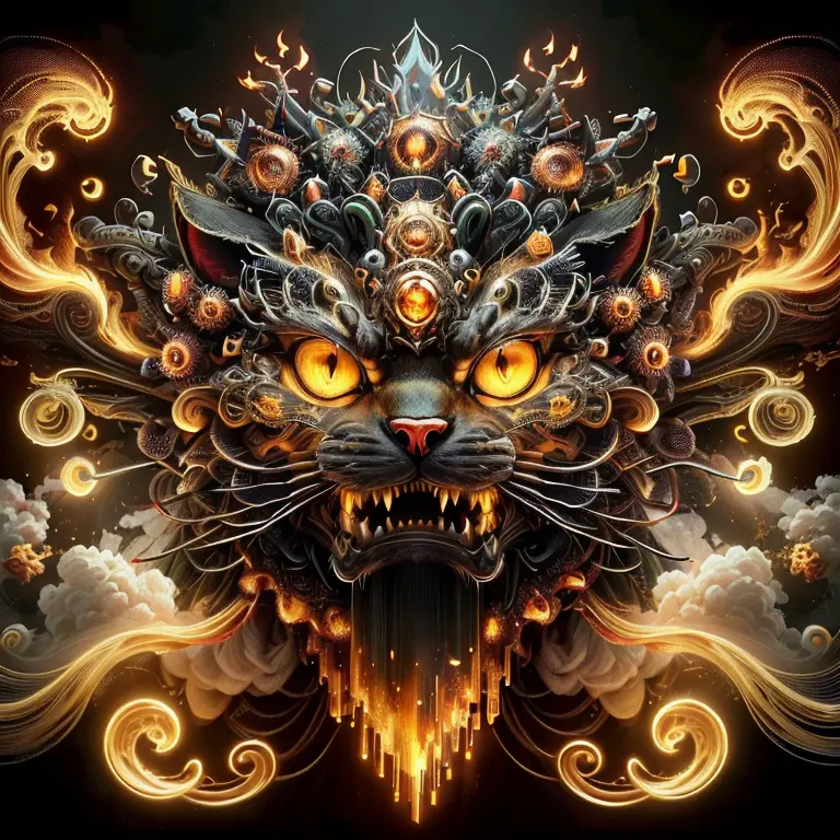 a close up of a cat with a fire in its mouth, intricate ornate anime cgi style, 4k highly detailed digital art, highly detailed ...