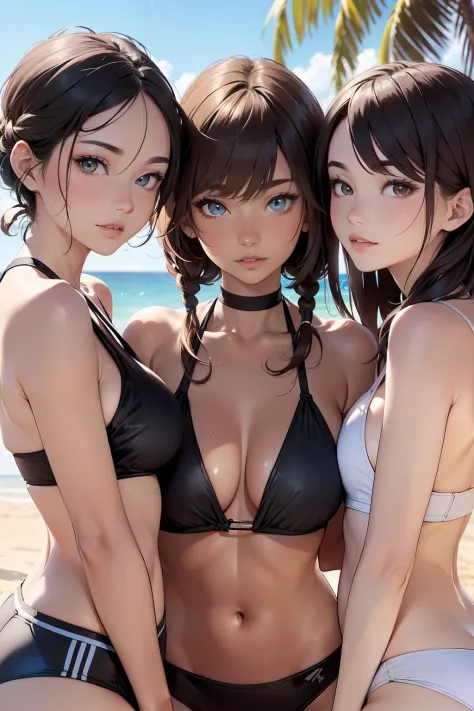 8K,​masterpiece, bset quality、(((3女の子、middlebreast、shinny skin:1.5))）、shinny skin、Shiny big、 ((top-quality、A MILF:1.3)), Colorful bikini、(((Three people side by side、Cover your subject all over、Upper body only、 in group photograph)))、Crisp focus:1.2、Highly...