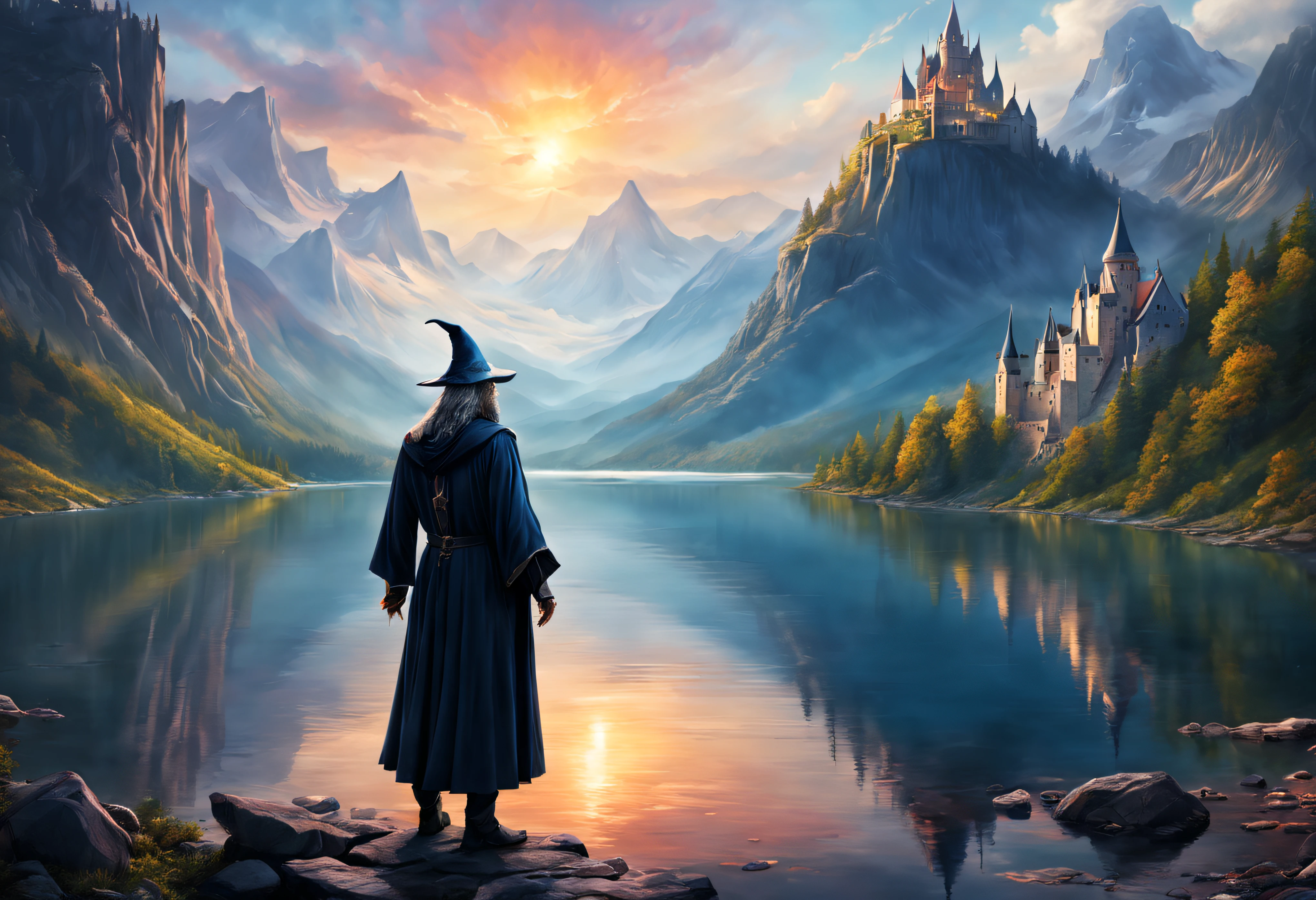 Ein Fantasy-Kunst-Porträt eines mächtigen Zauberers, der über einen See auf eine Burg in den Bergen blickt.