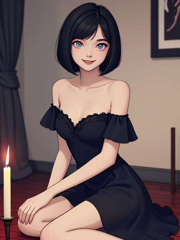 ((best quality)), ((masterpiece)), (detailed), perfect face, 1 girl, solo, teenager, black hair, bob cut, bob hair, blue eyes, smile, in a flamenco dress, off the shoulder dress, red dress, a longer body, teenager, bare shoulders, large chest, sexy sitting pose, and being so beautiful, room background, with lots of candles burning on the floor, in a dark room, in 2D illustration, 2D art style,