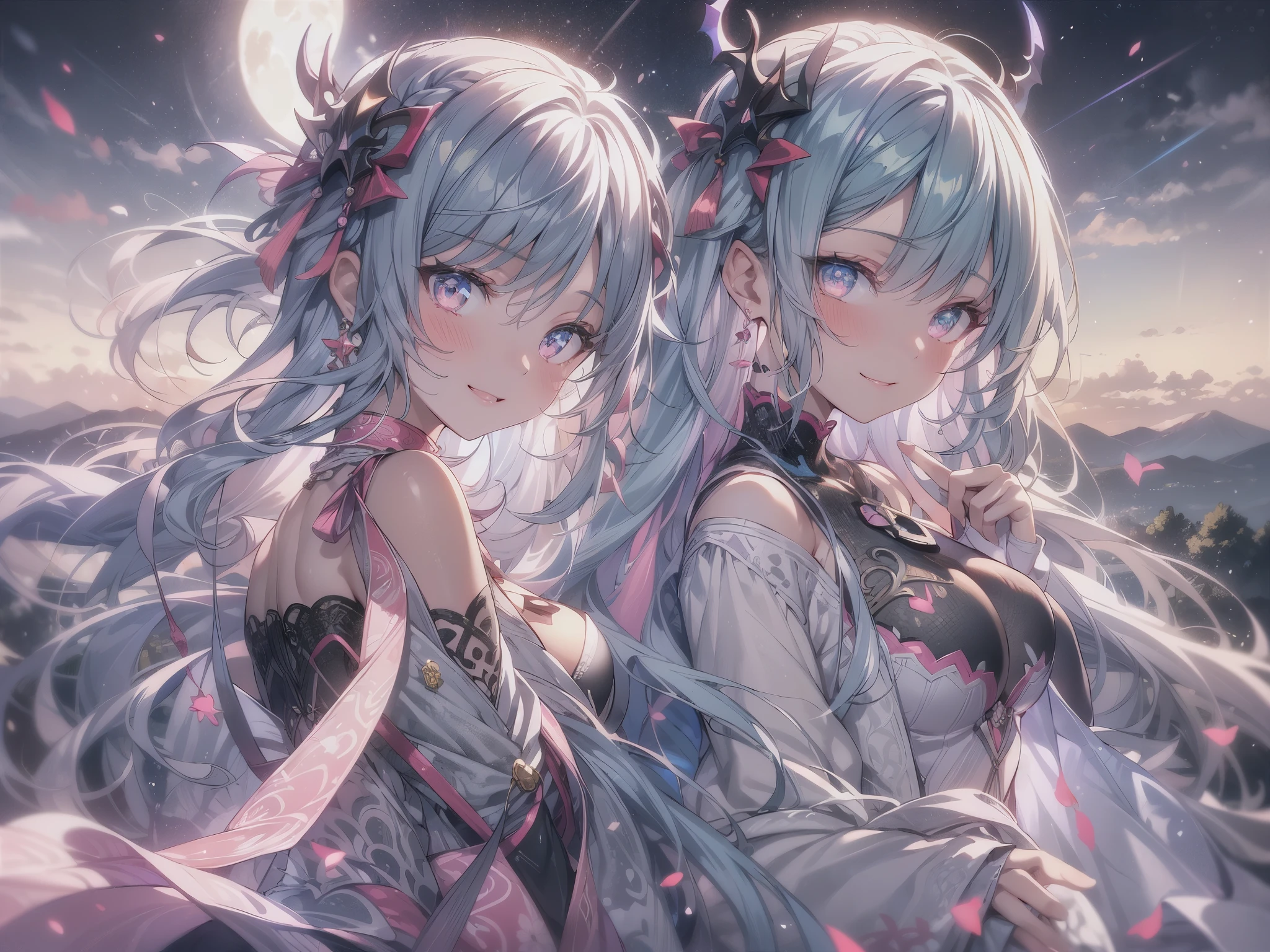 (wide-angle lens), mature woman, 1girl, CG illustration, (masterpiece, best quality, ultra-detailed), sharp focus, detailed face, face focus, extremely detailed eyes, long hair, crown braid, hair over shoulder, sky-blue hair, pink eyes, long eyelashes, (blush, small smile), delicate makeup, big breasts, bare shoulders, cleavage, ((colors of clothing: pink, white, with purple and black ribbons)), ((moon, night, fireflies, blue particles surrounds, mountains in distance, waterfall behind, breeze)), cinematic lighting, rim lightning, ray tracing, shadowing, dynamic angle