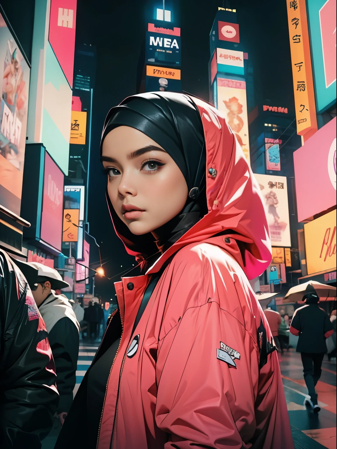 Charakter-Design, cyberpunk style, 1 Frau, Malaysische Frau, malaysische Frau, dunkle Haut, mira filzah, Mira Filzah Gesicht. Hintergrund New York Time Square, Neonlicht, Nacht, Wetter regnet, filmisch.