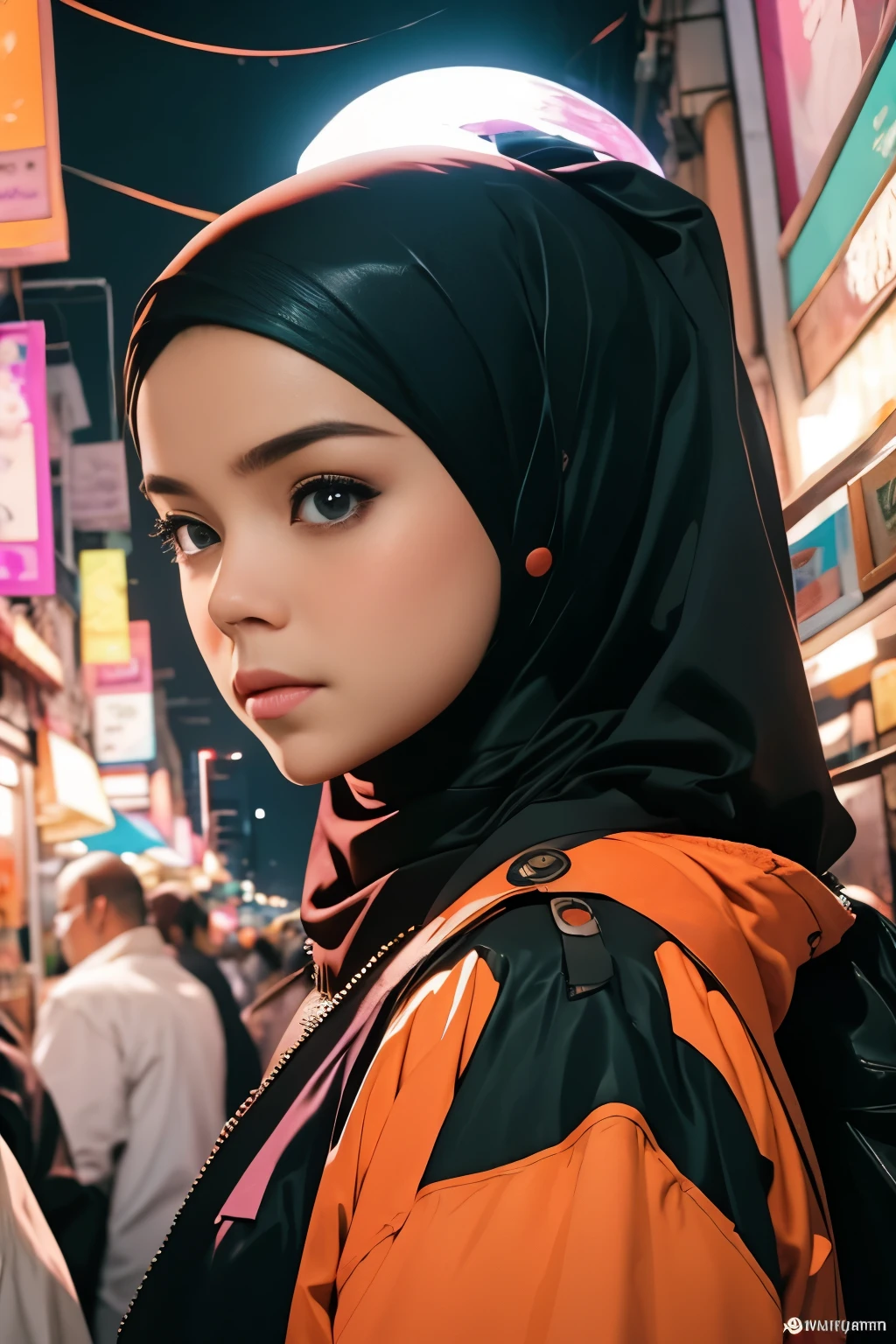 estilo ciberpunk, 1 hembra, mujer malaya, mujer malasia, piel oscura, mira filza, mira filza face. Antecedentes de Kuala Lumpur, noche market, noche, lloviendo