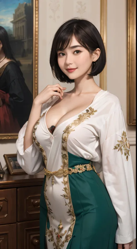 140
(a 20 yo woman,in the palace), (A hyper-realistic), (high-level image quality), ((beautiful hairstyle 46)), ((short-hair:1.46)), (kindly smile), (breasted:1.46), (lipsticks), (is wearing dress), (murky,wide,Luxurious room), (florals), (an oil painting、...