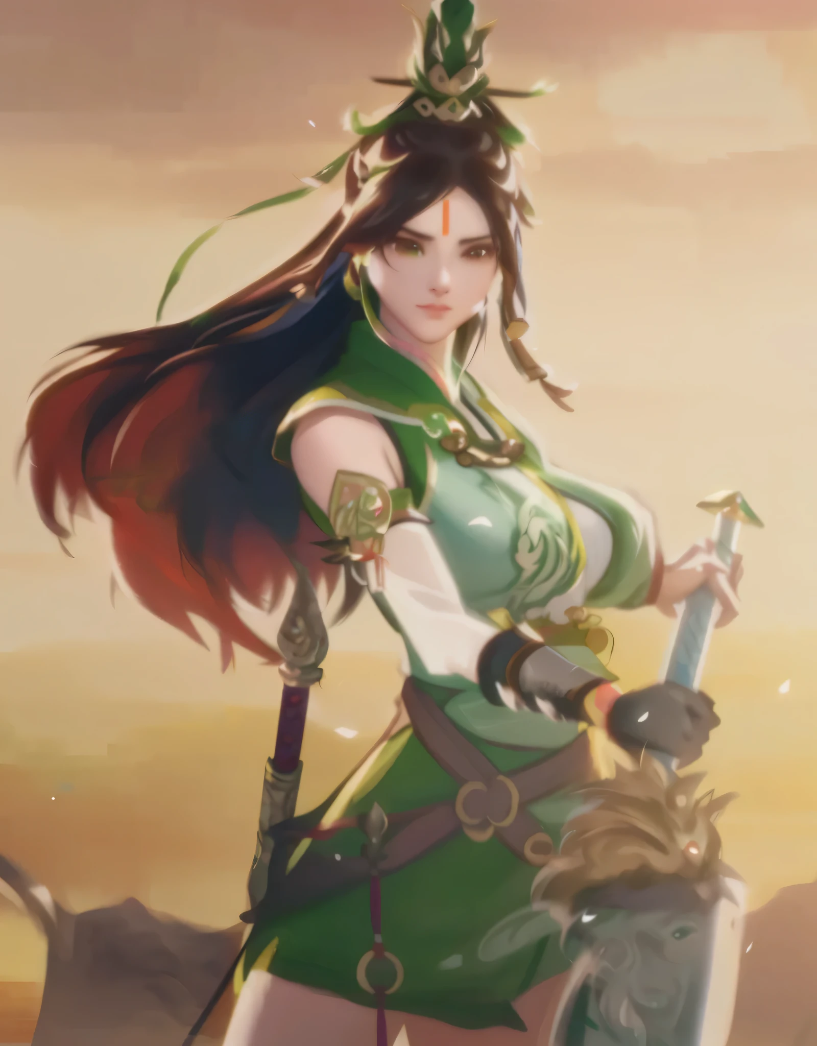 a man in green clothes、Close-up of woman holding sword, xianxia hero, bian lian, Ruan Jia and Artgerm, Inspired by Du Qiong, Inspired by Zhu Lian, Artgerm and Ruan Jia, guan yu, Inspired by Lan Ying, inspired by Wu Zuoren, Inspired by Li Tang, full-body wuxia
