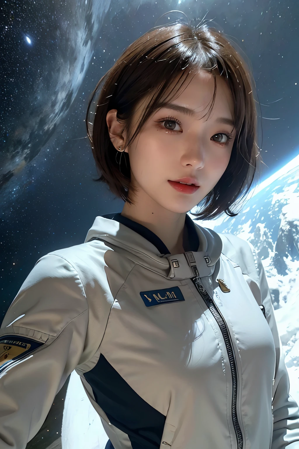 top-quality、​masterpiece、超A high resolution、(realisitic:1.4)、Beautuful Women１、Beautiful detail eyes and skin、ssmile、Light brown short-cut hair、The perfect spacesuit、spaceships、cosmic space、cloudy ash sky、Snow World、