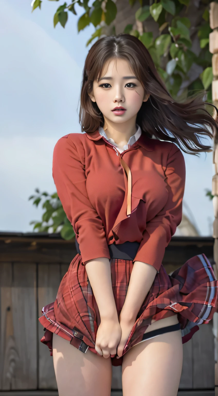 1womanl,Brown hair,Red ribbons ,((Impatient expression)),Beautiful breasts,White shirt,Red dress,well-styled,,(Facing the front)(((Blushing cheeks、embarassed expression)),(((The skirt is rolled up by the wind)))