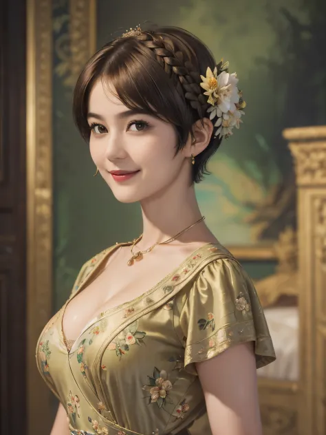 141
(a 20 yo woman,in the palace), (A hyper-realistic), (high-level image quality), ((beautiful hairstyle 46)), ((short-hair:1.46)), (kindly smile), (breasted:1.1), (lipsticks), (is wearing dress), (murky,wide,Luxurious room), (florals), (an oil painting、R...