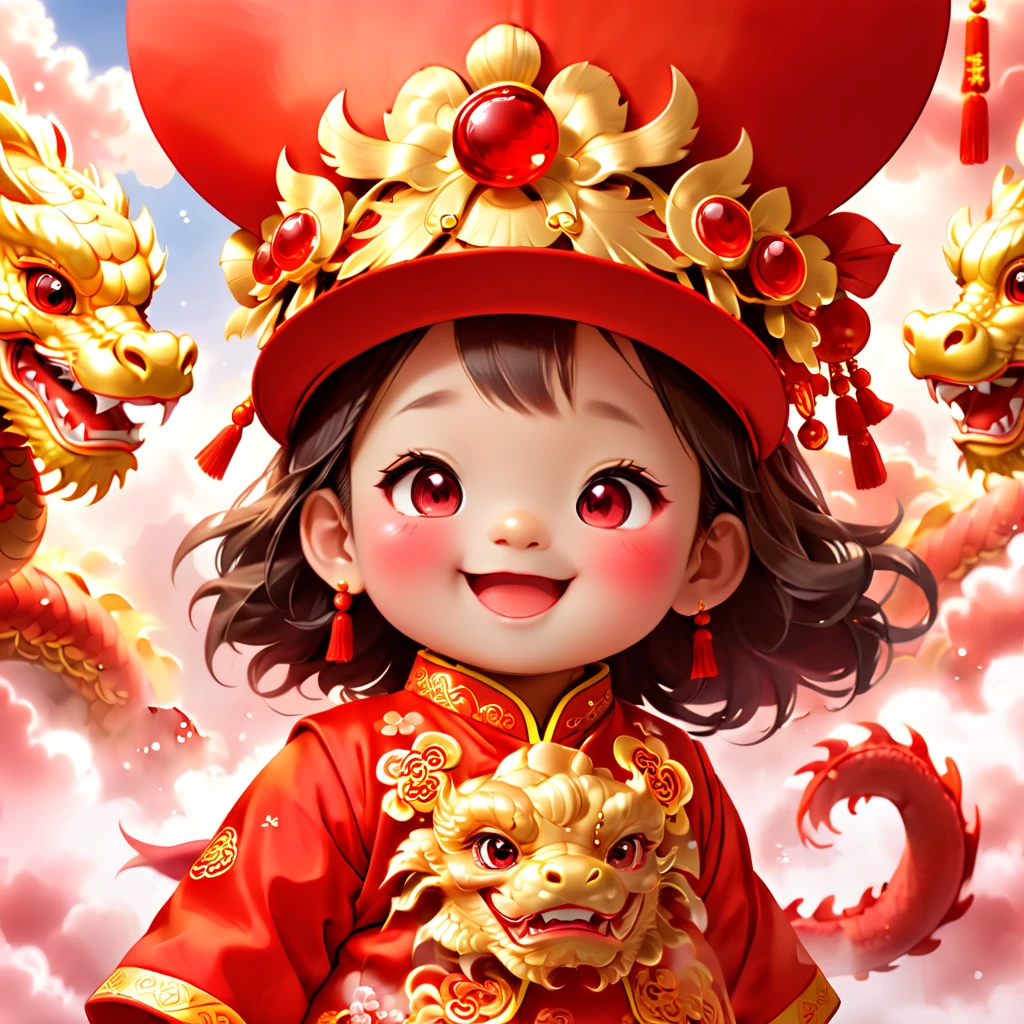 (closeup of face: 1.8), 3D character rendering，(Vector illustration style)，((1 girl，The image of the laughing God of Wealth baby can be designed as a child wearing a gorgeous Chinese red costume，Gold cloud and dragon patterns can be embroidered on clothes，Shows the meaning of wealth and prosperity))，((lack of expressivenesaby God of Wealth has a kind and confident expression，The eyes are full of wisdom，laughing heartily，It gives a sense of reassurance))，((The God of Wealth’s hair can be designed into a red official hat，A ruby can be set in the hat，Demonstrate authority and dignity)), ((Chinese element background，Auspicious cloud background)), (Perspectives, first person perspective, Ghibli-style colors, with light glowing, 电影灯光, hyper HD, tmasterpiece, Acura, Anatomically correct, ctextured skin, super detailing, high detal, high high quality, Award-Awarded, Best quality, 16k), Pop Mart blind box, 3 Rendering，