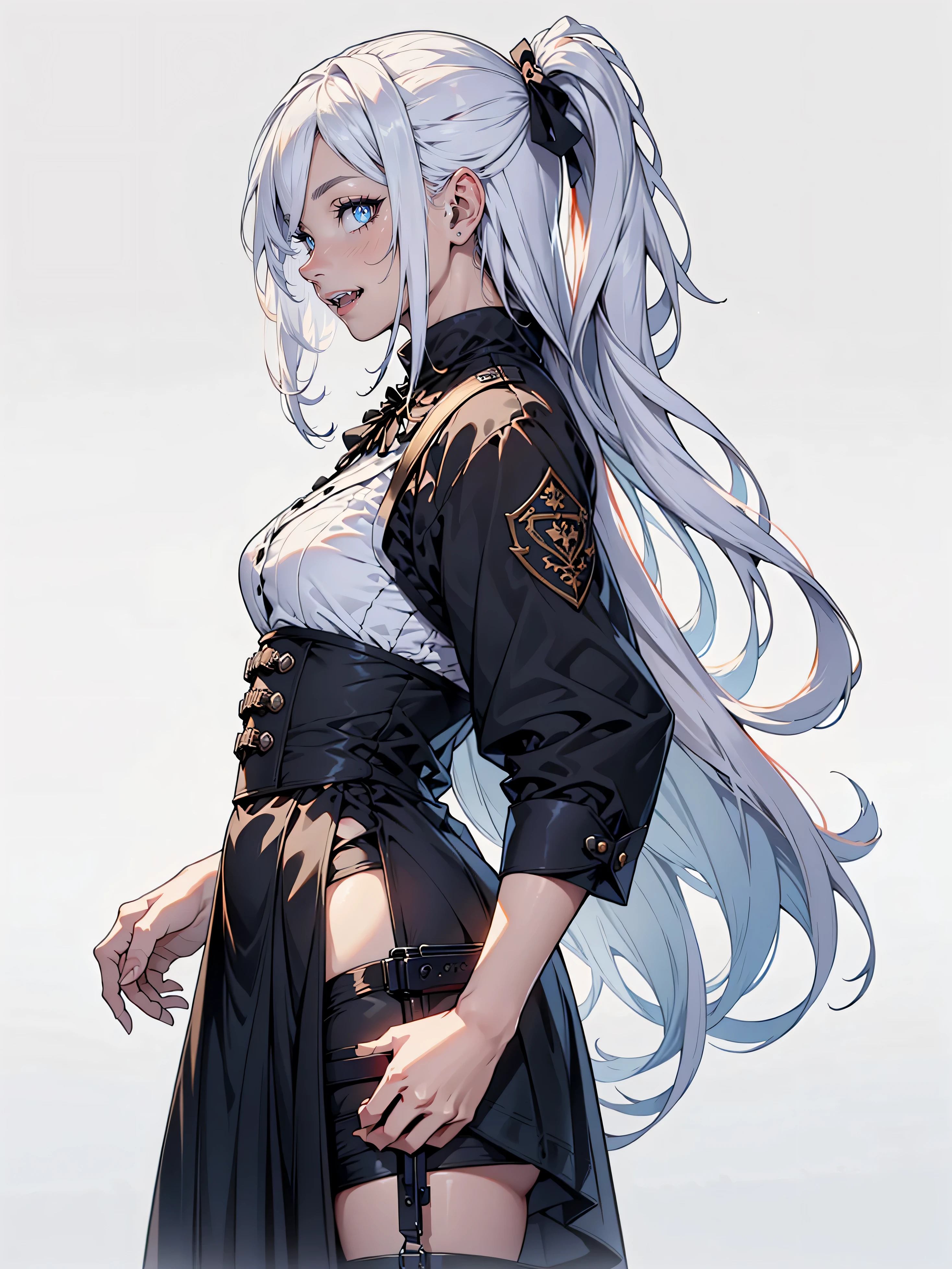 girl with、big eye、to stand,(((Portrait)),top-quality、​masterpiece、Hi-Res、(((girl with1人)))、masutepiece, quality of hike,White background、((de pele branca)), ((White long hair))),animesque,2D、((white  hair))、blue eyess,albino、Tight clothes、Sue hair,Side Up,((Gothic lolita)),Hair Ribbon,long boots、Gun Holder、Cute eyes,Sparkling eyes,gun holster、(tusk:1.2)、Laugh、profile