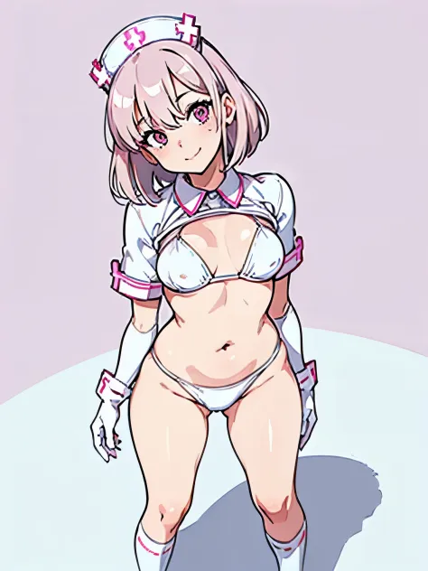 ((masterpiece, best quality, ultra detailed)), flat color, face close-up, from above, short smile, head tilt, (standing:1.6), hands between legs, nurse style white bikini, white gloves, white knee socks, solid pink background