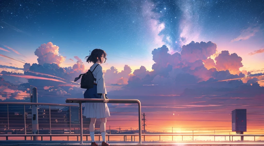 alta resolução 8k, NSFW, Iluminação com luz brilhante, estilo anime, Fotografia de retratos cinematográficos, 1 garota, makoto shinkai, Estilo de anime japonês, luz das estrelas pastel, Luzes da cidade de Tóquio, 1 garota, Resolução ridícula, Uma alta resolução, céu do pôr do sol, cena dramática, (obra de arte:1.4), ultra-detalhado, nuvens rosa, personagens de anime em uma cena com fundo de céu, seu nome estilo de filme, Stills em anime de TV, Seu nome,