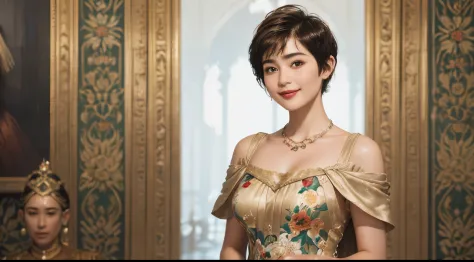 141
(a 20 yo woman,in the palace), (A hyper-realistic), (high-level image quality), ((beautiful hairstyle 46)), ((short-hair:1.4...