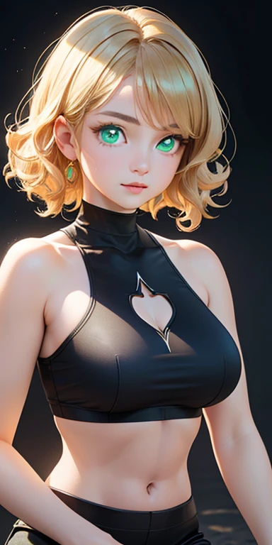 baby face, very short gold hair,curly hair,wavy hair, (photorealistic:1.4), (masterpiece, sidelights, exquisite beautiful eyes: 1.5), masterpiece*portrait, realistic, 3D face,,kawaii face,front view: 1.5、 (glowing green eyes:1.2),plump face:1.5,(tareme:1.5)、(dark persona:1.2),Rosy Mouth,Slim Body,abs, shiny hair, shiny skin: 1.5、large breasts:1.3,solo,(sit)、(cutout between underboob and crop top)、(charactor focus:1.5、portrait)、upper body,