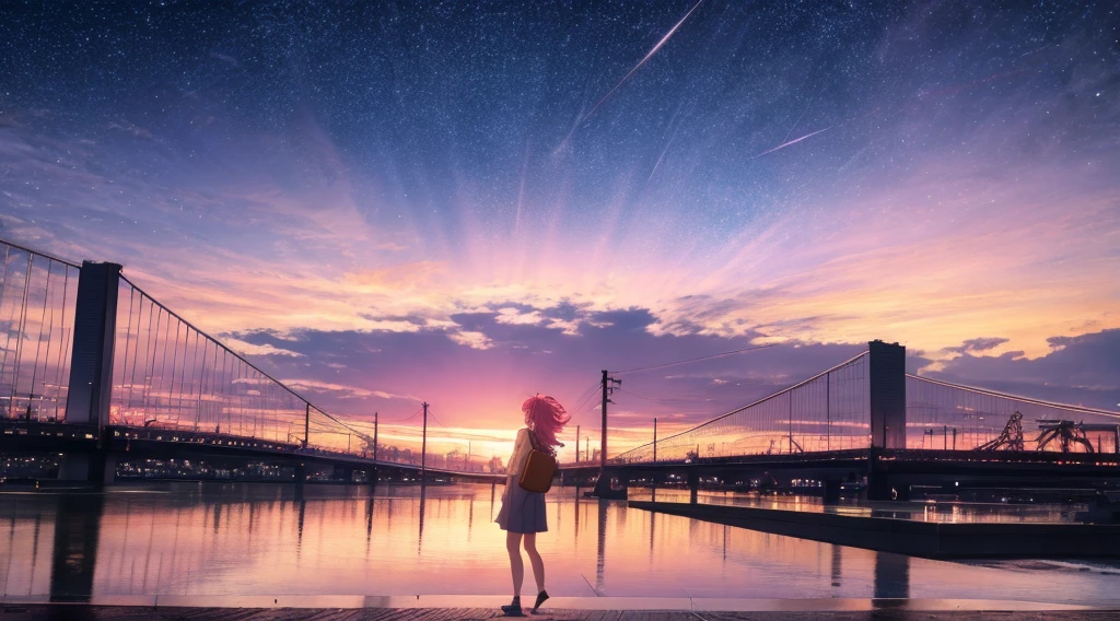 Alta resolución 8K, NSFW, Iluminación de luz brillante, estilo animado, Fotografía de retratos cinematográficos., 1 chica, Makoto Shinkai, estilo anime japonés, luz de las estrellas en colores pastel, Luces de la ciudad de Tokio, 1 chica, Resolución ridícula, Una alta resolución, cielo del atardecer, escena dramática, (obra maestra:1.4), ultra-detallado, nubes rosadas, personajes de anime en una escena con un fondo de cielo, tu nombre estilo de película, Fotogramas del anime de televisión, Su nombre,