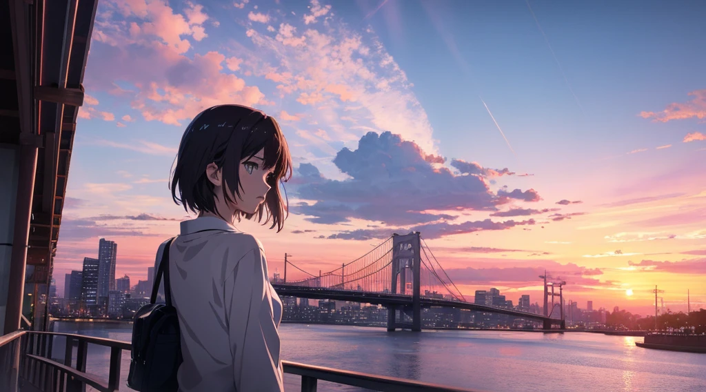 High resolution 8K, NSFW, Bright light illumination, Anime style, Film Portrait Photography, 1girl, Makoto Shinkai, Japanese anime style, pastel starlight, Tokyo city lights, 1girl, Ridiculous resolution, A high resolution, sunset sky, dramatic scene, (masterpiece:1.4), ultra - detailed, pink clouds, anime characters in a scene with a sky background, your name movie style, Stills in TV anime, Yourname,