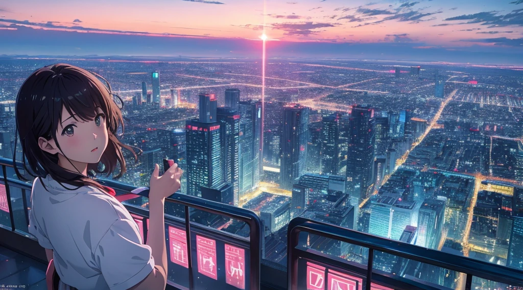 Alta resolución 8K, NSFW, Iluminación de luz brillante, estilo animado, Fotografía de retratos cinematográficos., 1 chica, Makoto Shinkai, estilo anime japonés, luz de las estrellas en colores pastel, Luces de la ciudad de Tokio, 1 chica, Resolución ridícula, Una alta resolución, cielo del atardecer, escena dramática, (obra maestra:1.4), ultra-detallado, nubes rosadas, personajes de anime en una escena con un fondo de cielo, tu nombre estilo de película, Fotogramas del anime de televisión, Su nombre,