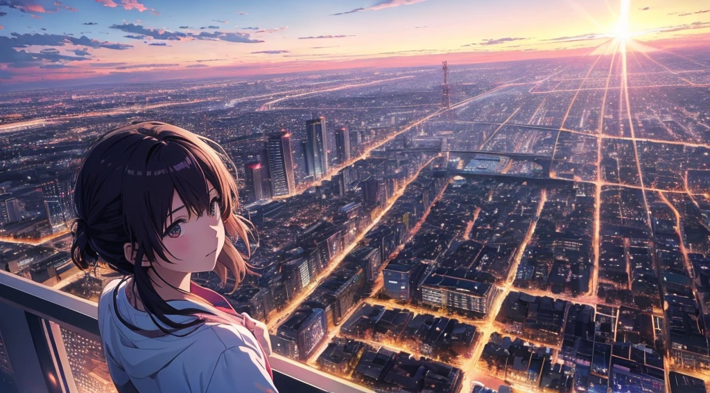 alta resolução 8k, NSFW, Iluminação com luz brilhante, estilo anime, Fotografia de retratos cinematográficos, 1 garota, makoto shinkai, Estilo de anime japonês, luz das estrelas pastel, Luzes da cidade de Tóquio, 1 garota, Resolução ridícula, Uma alta resolução, céu do pôr do sol, cena dramática, (obra de arte:1.4), ultra-detalhado, nuvens rosa, personagens de anime em uma cena com fundo de céu, seu nome estilo de filme, Stills em anime de TV, Seu nome,