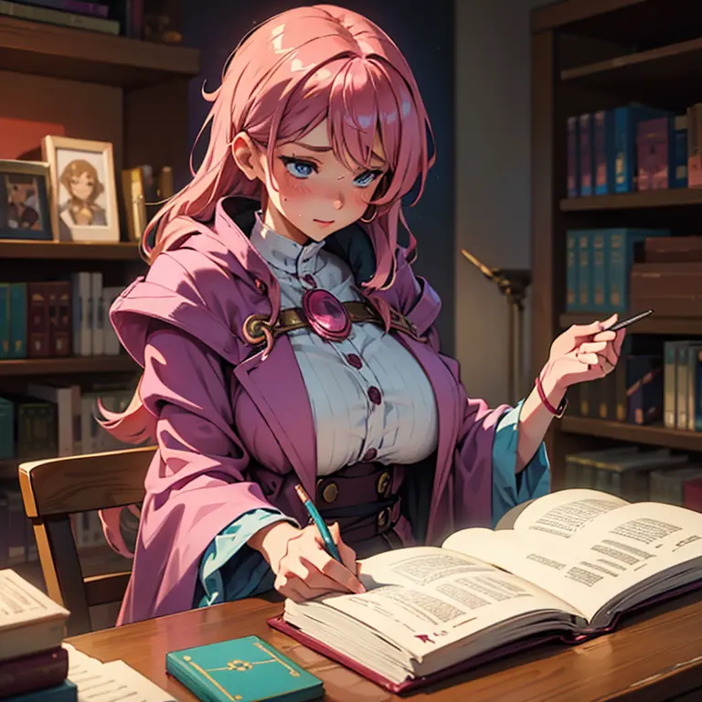 giant massive breasted pink haired mage rubbing vagina on corner of desk to climax, sweaty, dimly lit library with magic books