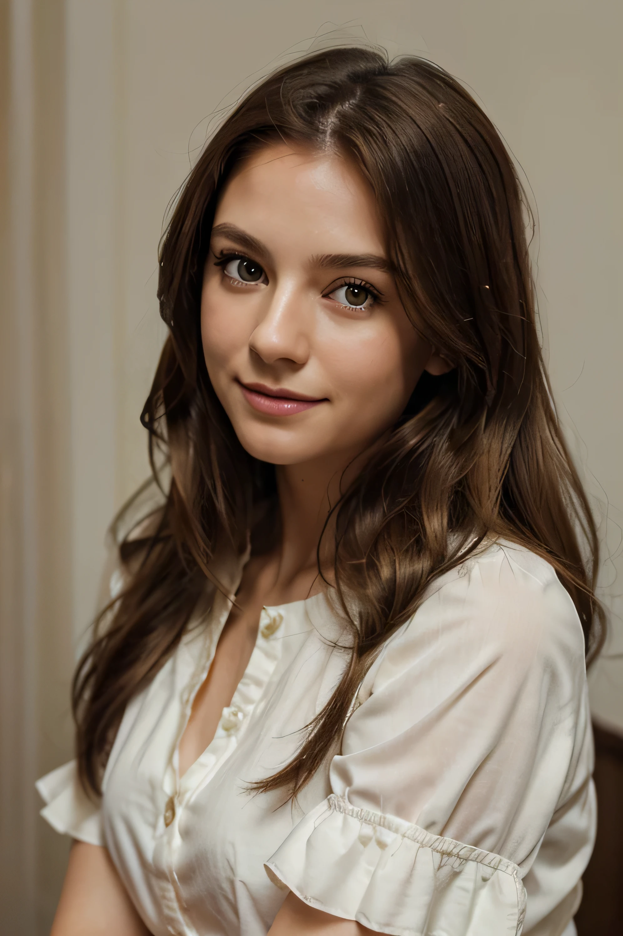 A realistic half-body portrait of a woman, A woman with long wavy brown hair, green eyes, and a gentle smile, wearing a white blouse with ruffled sleeves, The setting is a bright, minimalist studio with soft natural lighting, The atmosphere is serene and intimate, capturing the woman's warm and approachable demeanor, Photography, A high-resolution DSLR camera with a soft focus lens to enhance the intimate feel, --ar 1:1 --v 5.0 50 --s 2